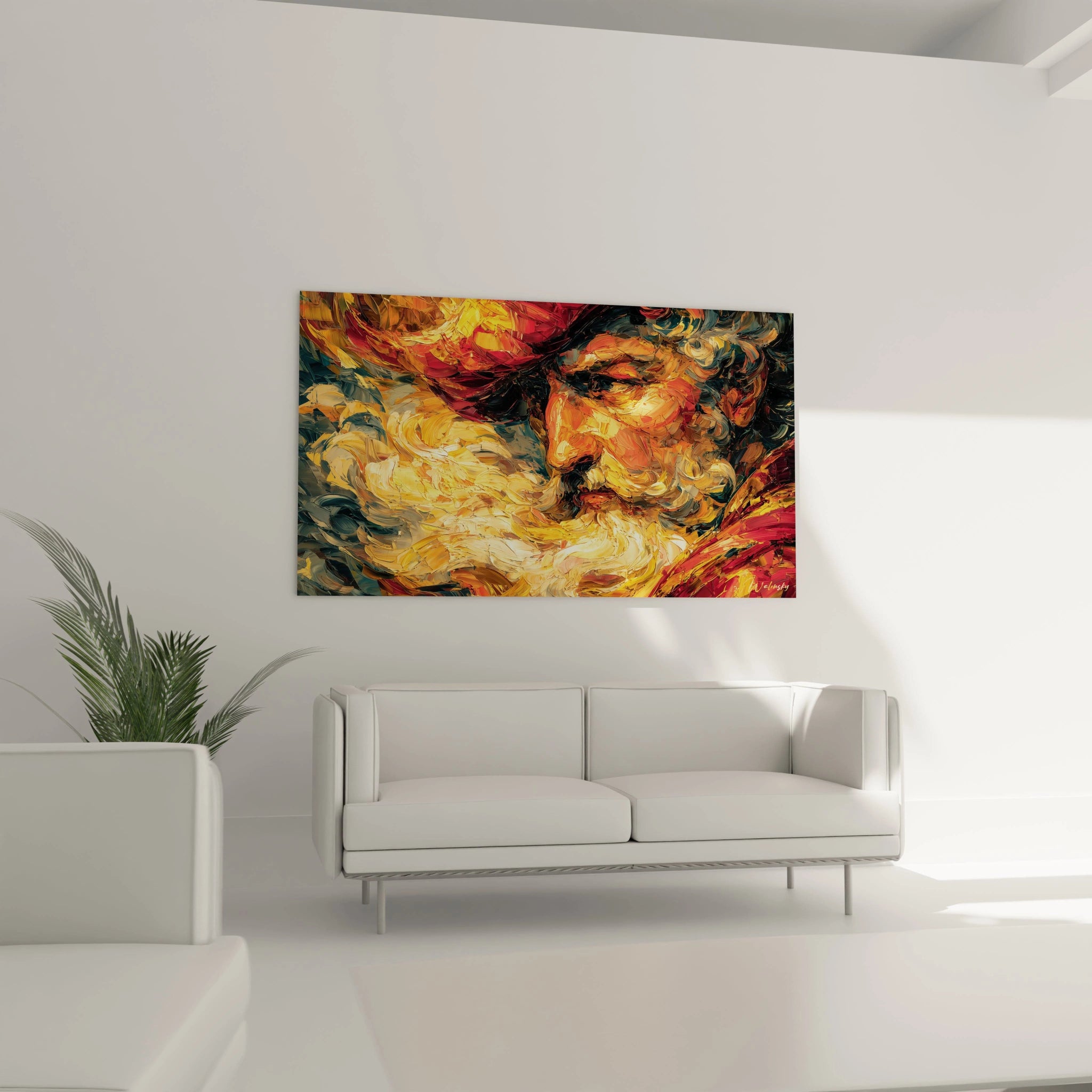 Tableau mural Walensky tableau portrait Christophe Colomb stylise aux couleurs chaudes accroche au dessus d un canape moderne