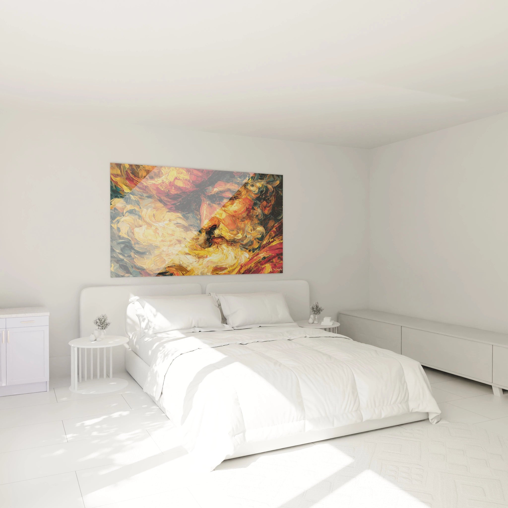 tableau portrait Christophe Colomb Walensky grand tableau mural coloré accroché au dessus d un lit blanc minimaliste