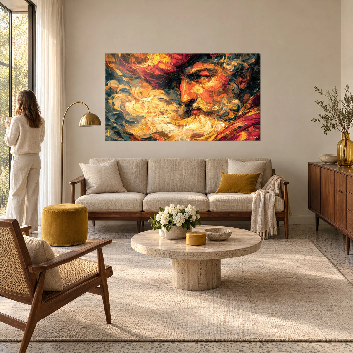 Schilderij gezicht van een bebaarde man met rode tulband, dikke oranje en gele verf op blauwgrijze achtergrond, boven een bank in een lichte woonkamer
