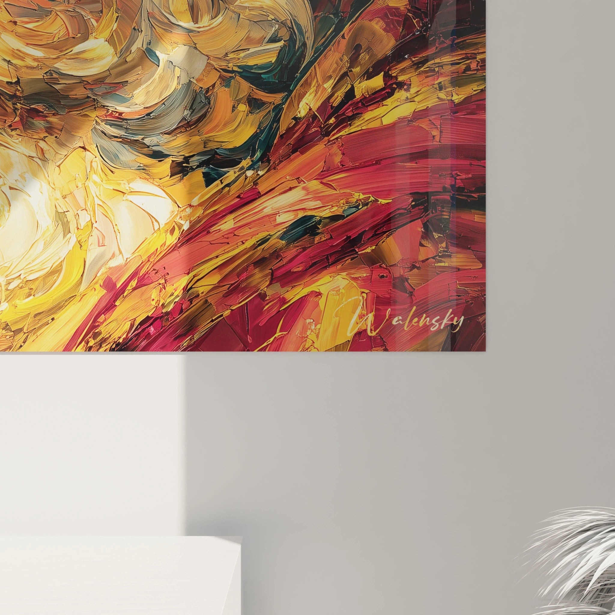 Tableau mural Walensky tableau portrait Christophe Colomb abstrait aux larges coups de pinceau rouges et jaunes signé Walensky