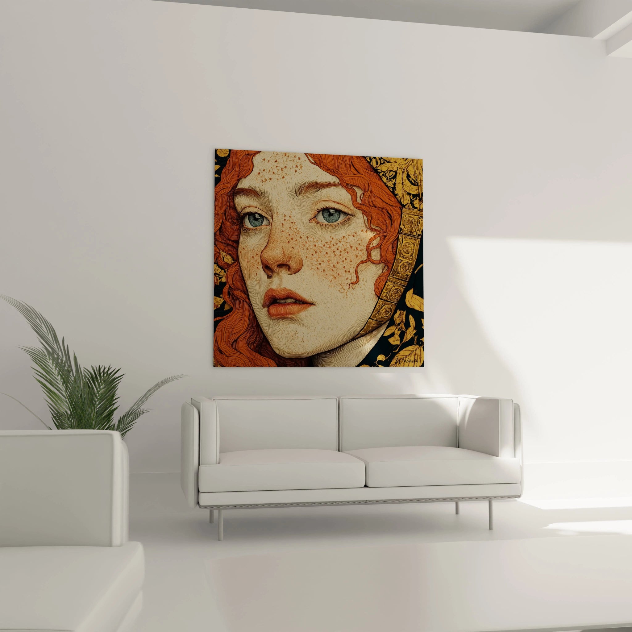 tableau art nouveau portrait Walensky femme rousse aux taches de rousseur visage stylise ornements dorés