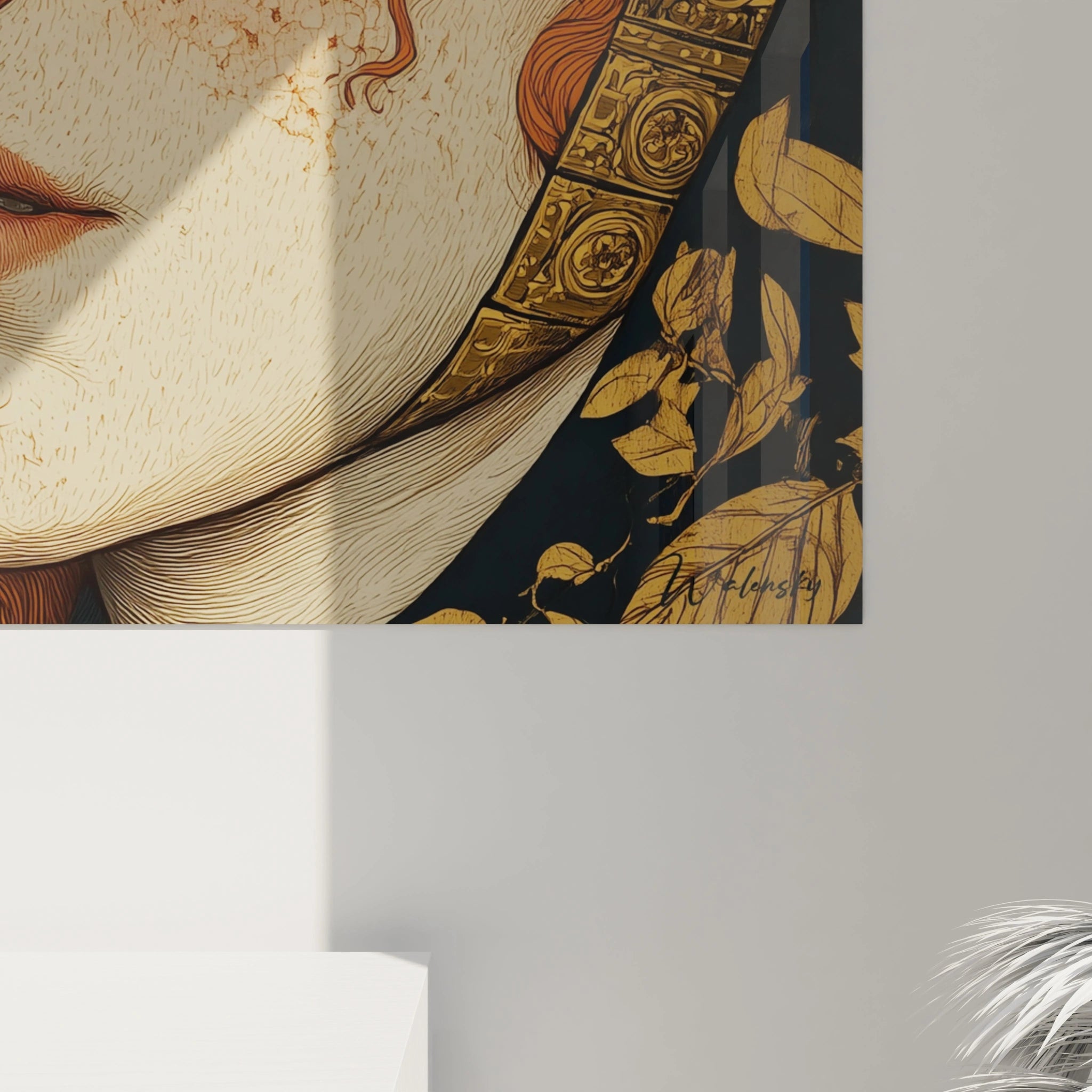 Walensky tableau art nouveau portrait gros plan sur visage feminin avec bandeau dore et motifs vegetaux