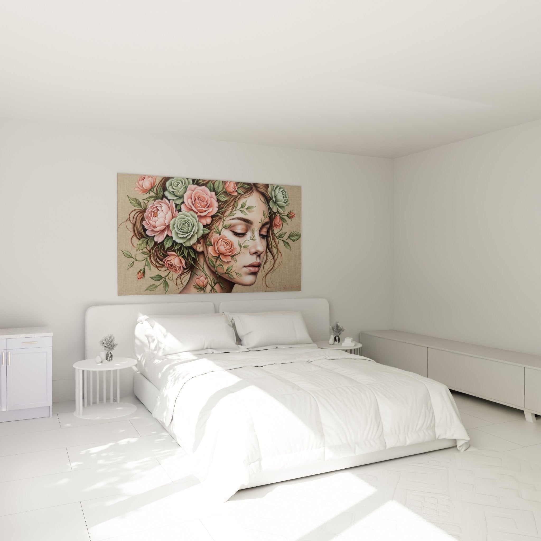 Frauenporträt mit Blumenmotiv in modernem Schlafzimmer mit Beige- und Rosatönen