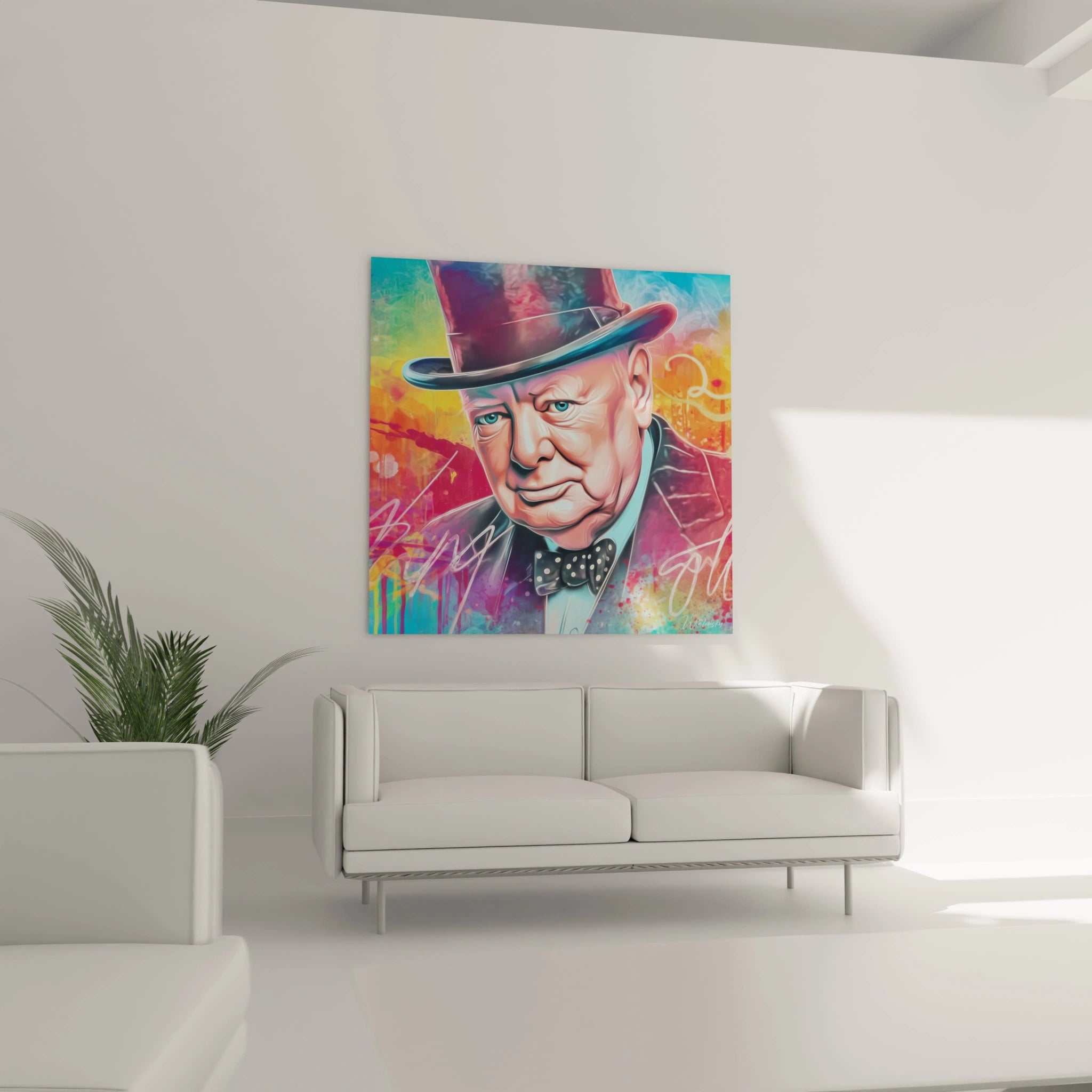 tableau portrait Winston Churchill colore style pop art sur toile carree au dessus d un canape blanc moderne