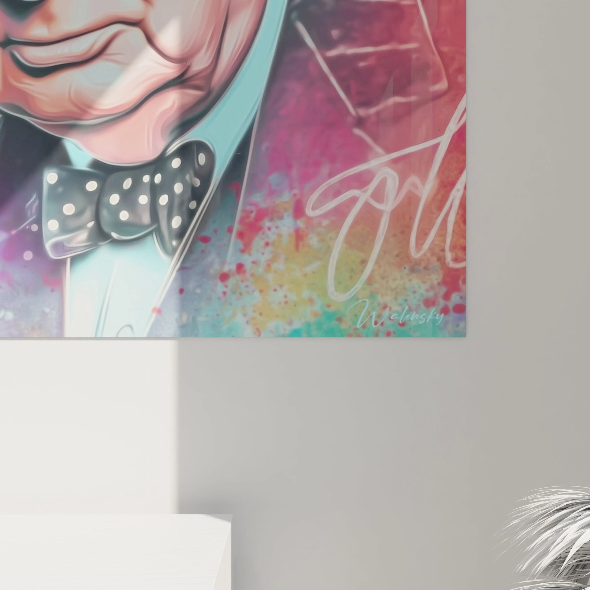 tableau portrait Winston Churchill coloré style pop art montrant visage et noeud papillon a pois par Walensky