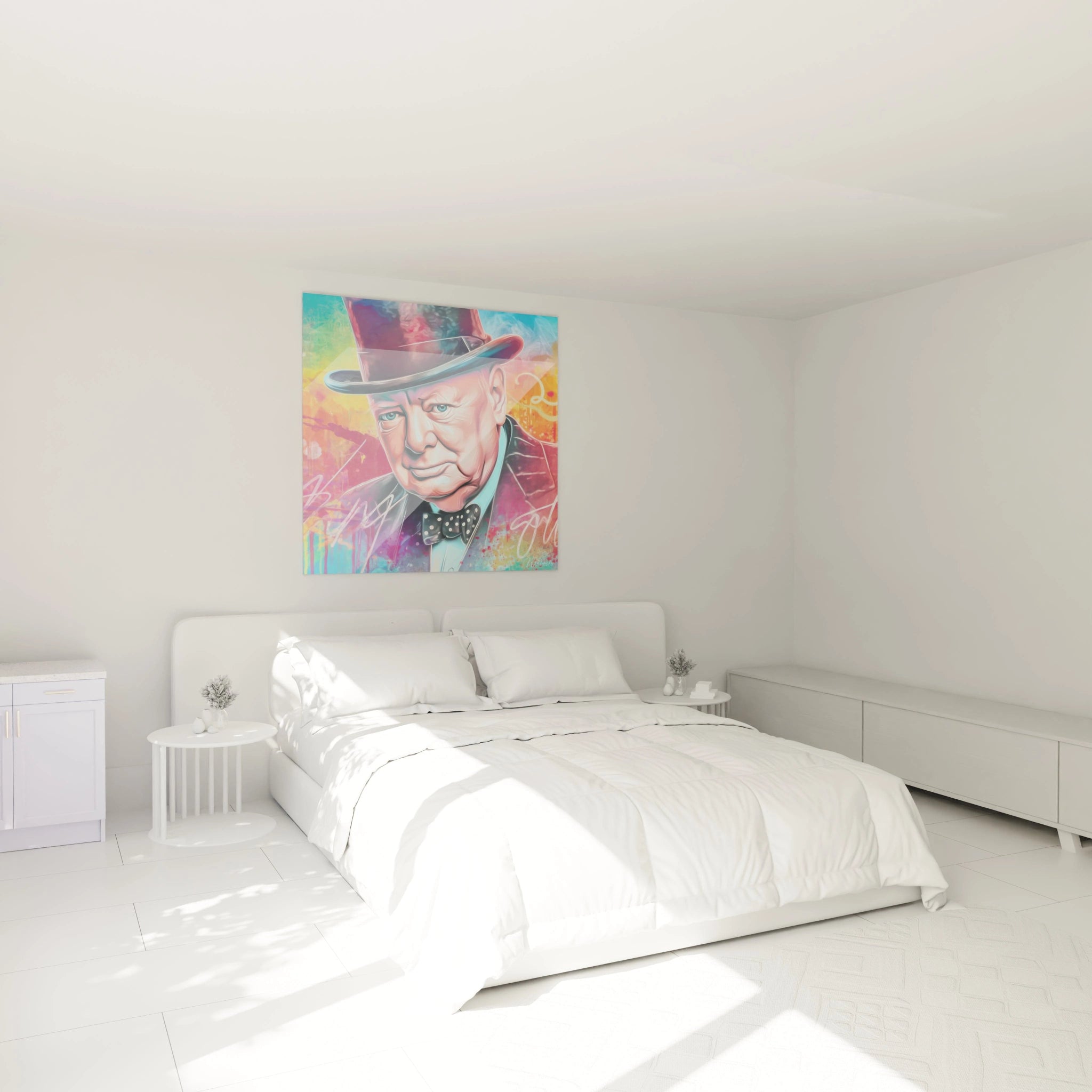tableau portrait Winston Churchill coloré de Walensky accroché au-dessus d'un lit dans une chambre moderne