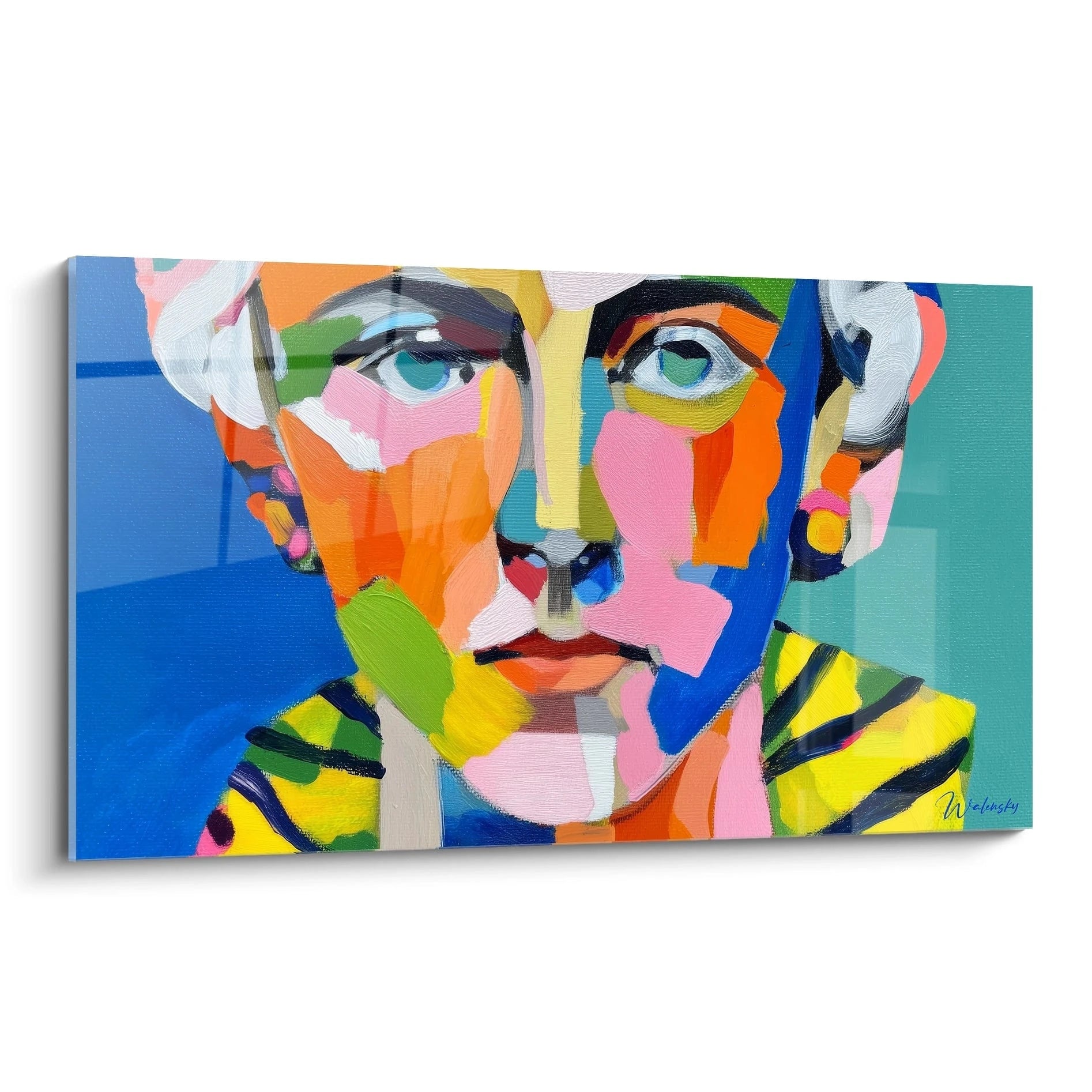 tableau portrait contemporain Walensky representant un visage feminin colore en blocs abstraits sur toile