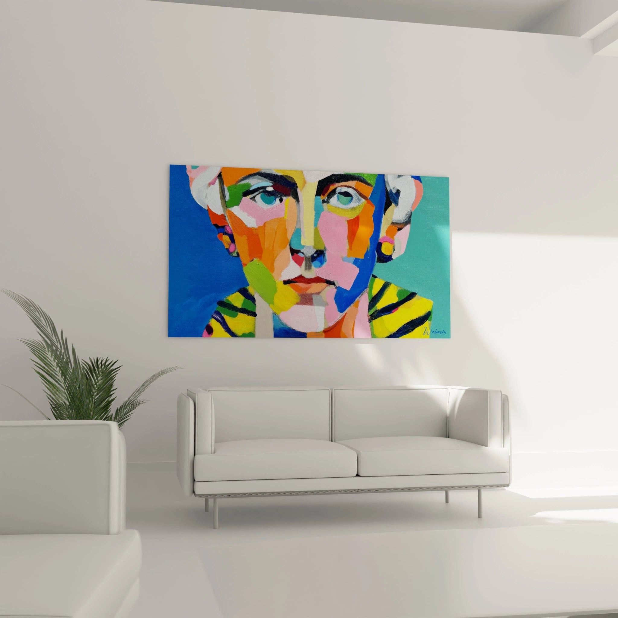 Walensky tableau portrait contemporain coloré style pop art grand format accroché au dessus de un canapé blanc