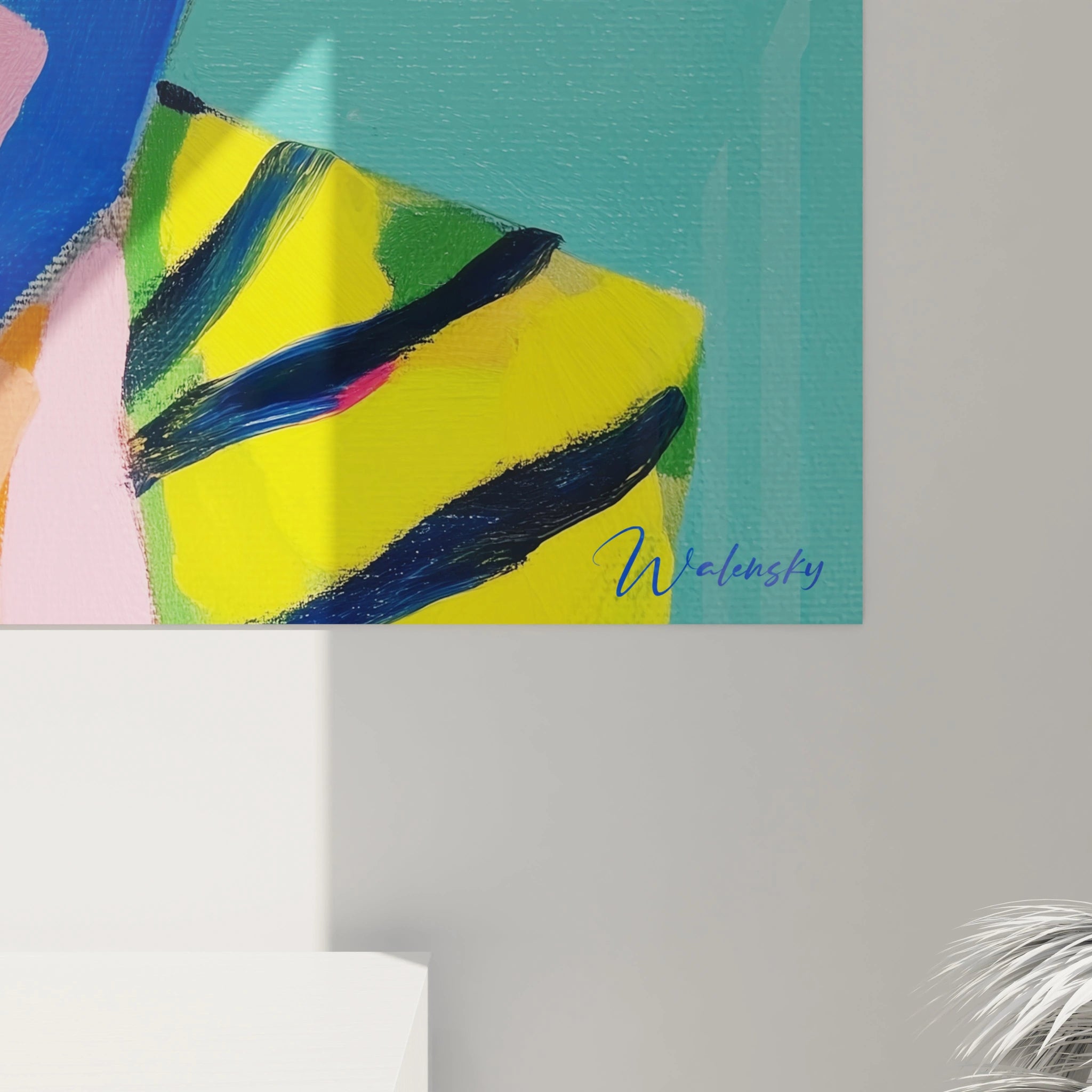 Tableau mural Walensky en gros plan, peinture abstraite aux touches jaunes vertes et bleues, tableau portrait contemporain signé