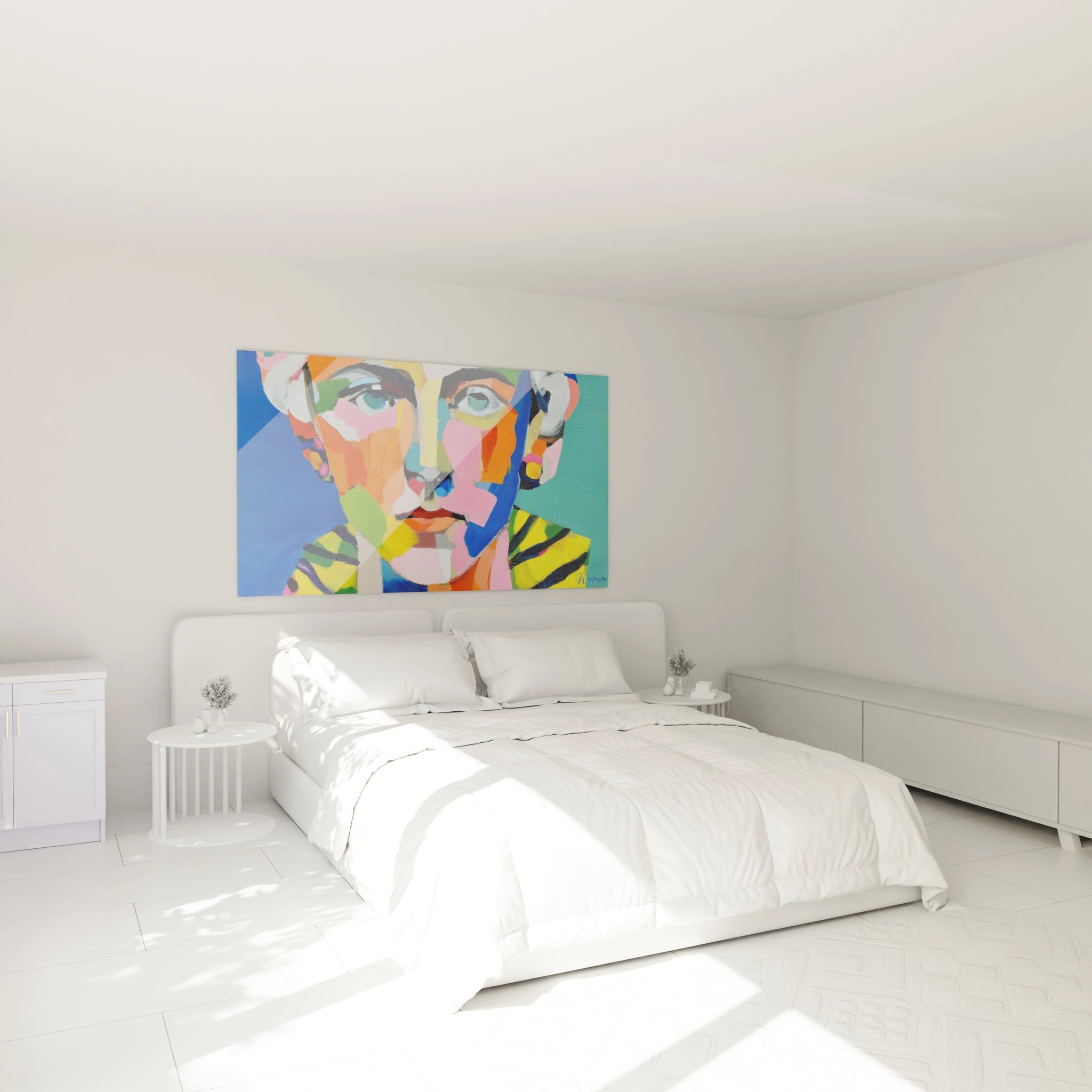 tableau portrait contemporain coloré par Walensky accroché au dessus du lit dans chambre blanche minimaliste