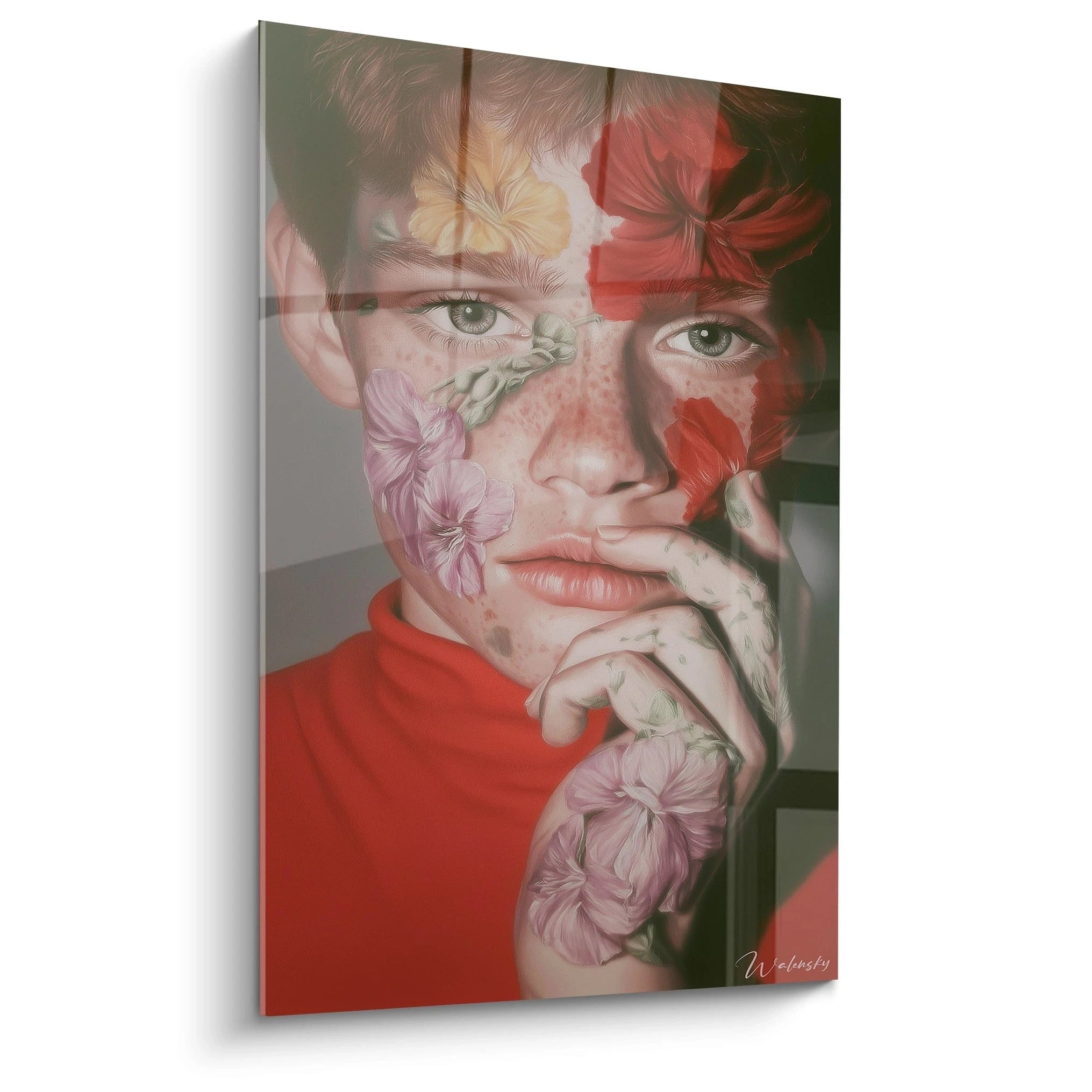 tableau portrait hyperréalisme Walensky visage de jeune garcon avec fleurs peintes sur toile murale moderne et detaillee