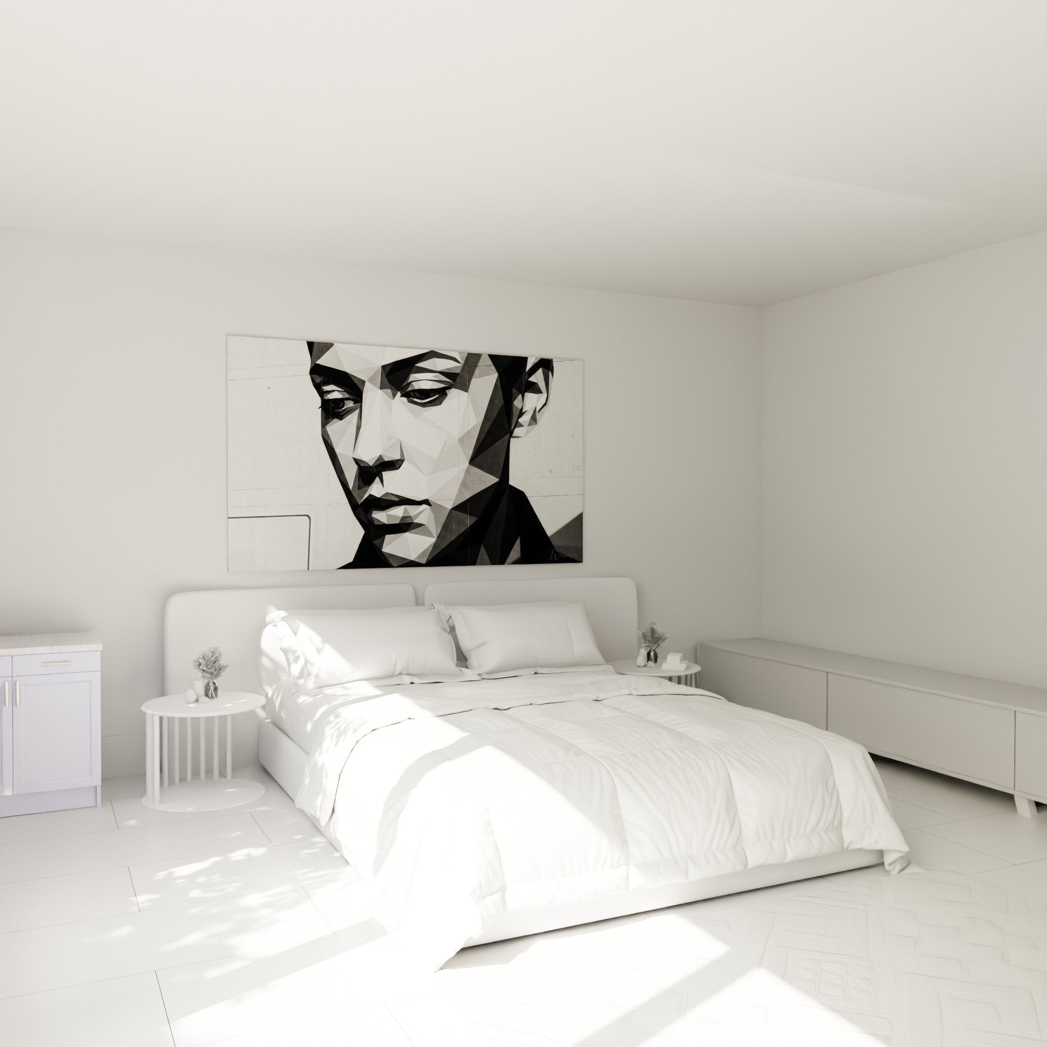 Tableau portrait geometrique noir gris accroche au mur chambre decoration moderne