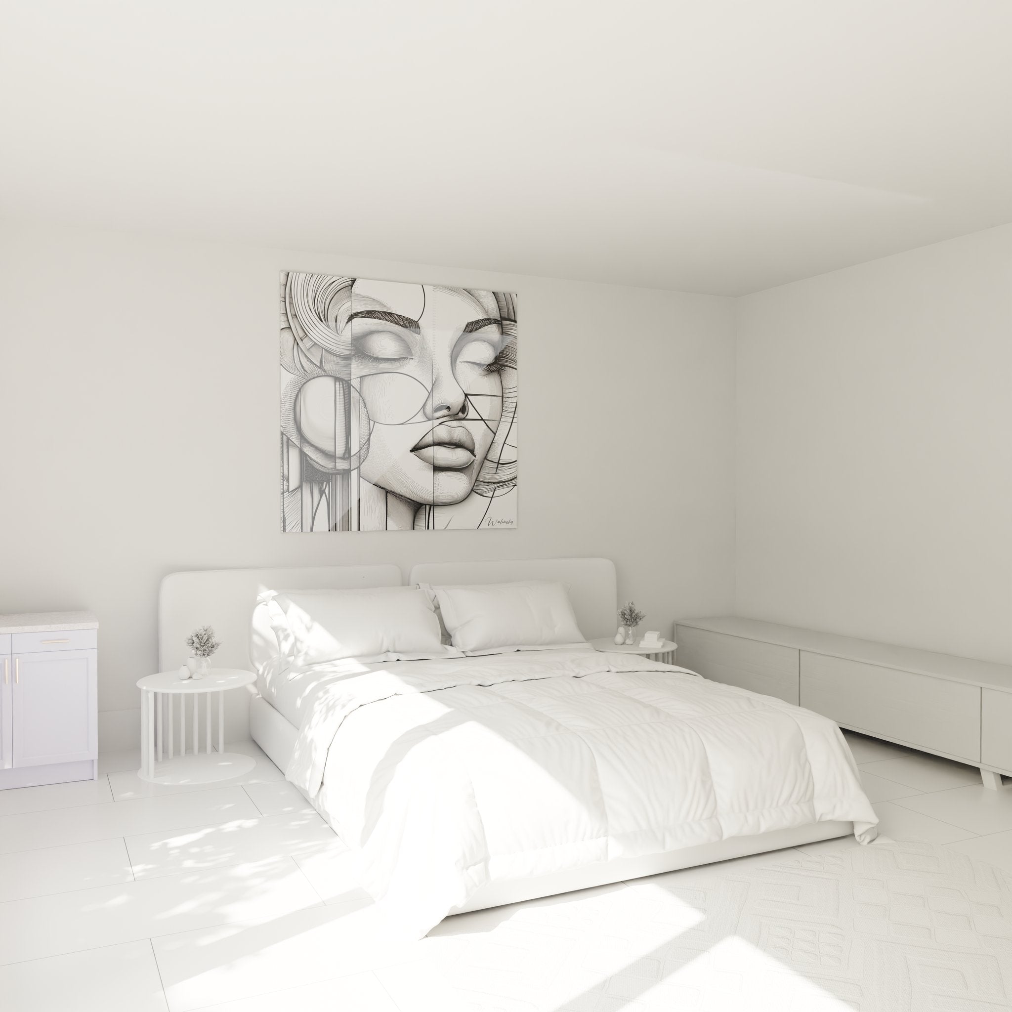 Tableau portrait géométrique féminin en décoration chambre ambiance moderne noir et blanc