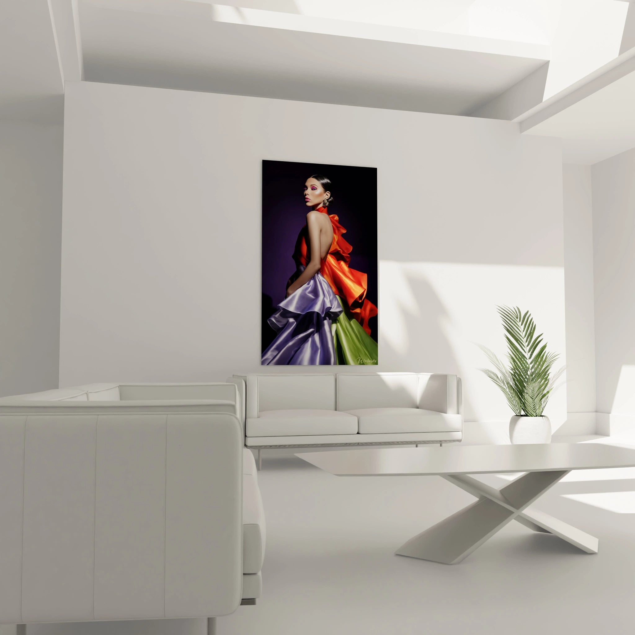 Tableau portrait glamour de Walensky, affichant une femme élégante avec une robe colorée dans un intérieur moderne