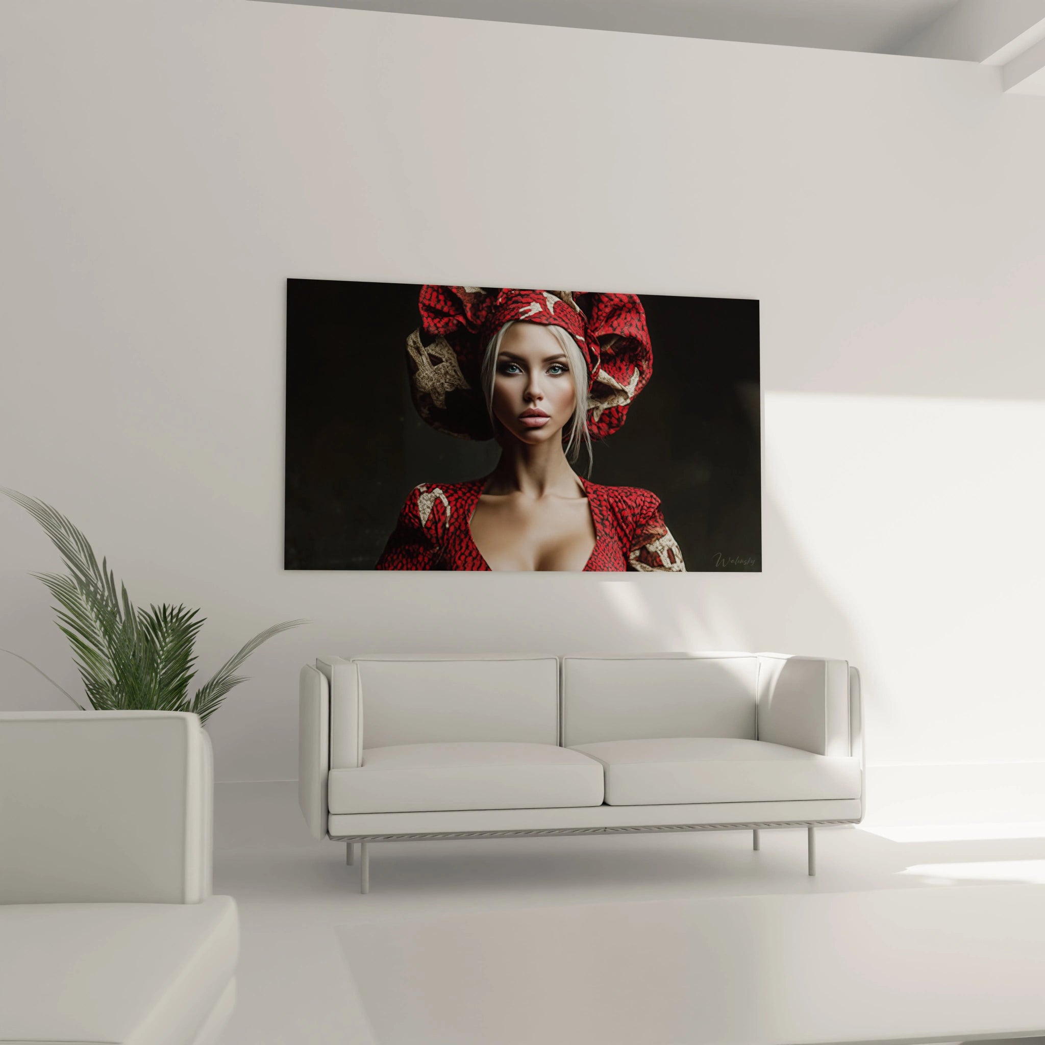 Tableau portrait glamour luxe de femme avec un turban rouge sur un mur moderne