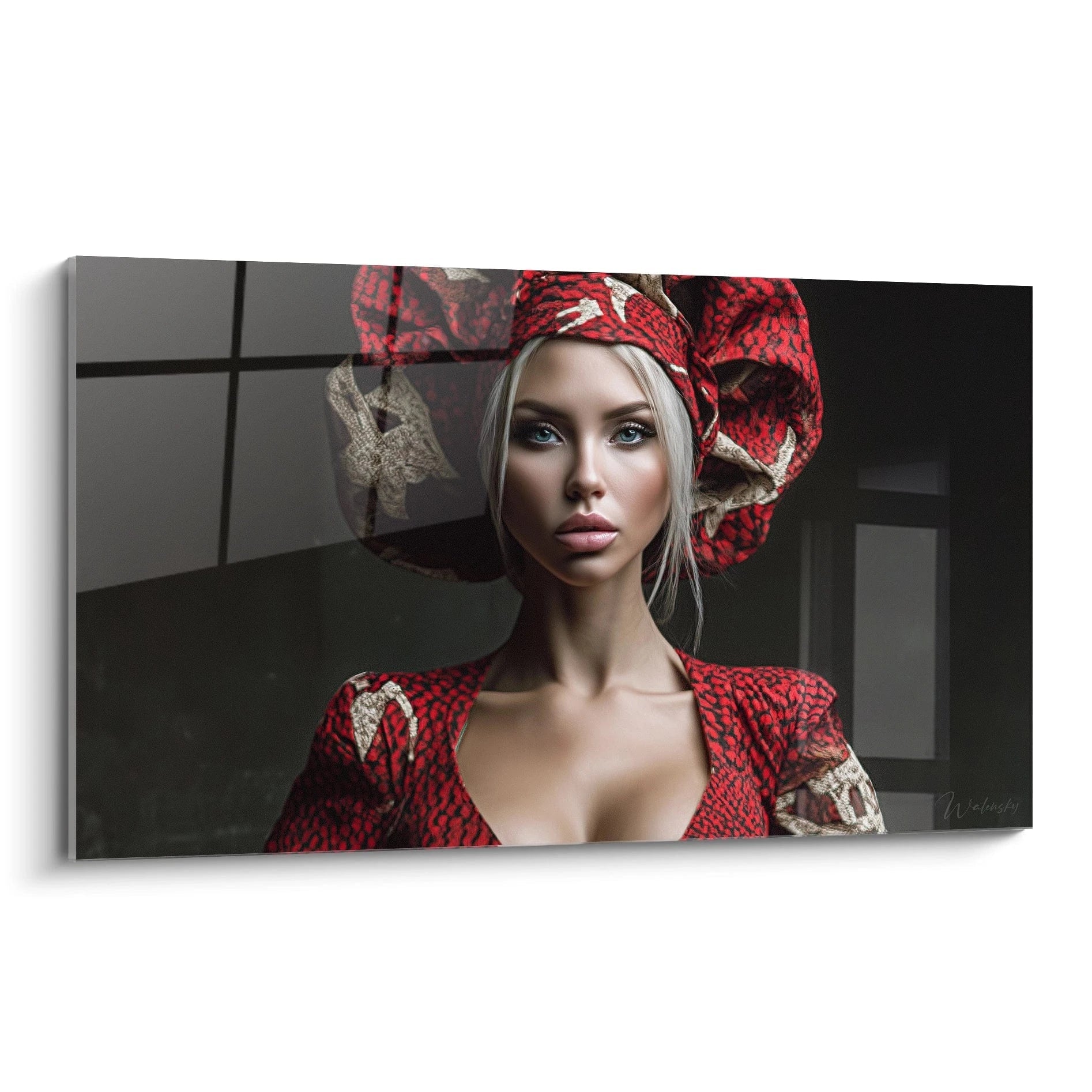 Tableau mural portrait glamour luxe de femme avec un joli chapeau rouge et une tenue élégante