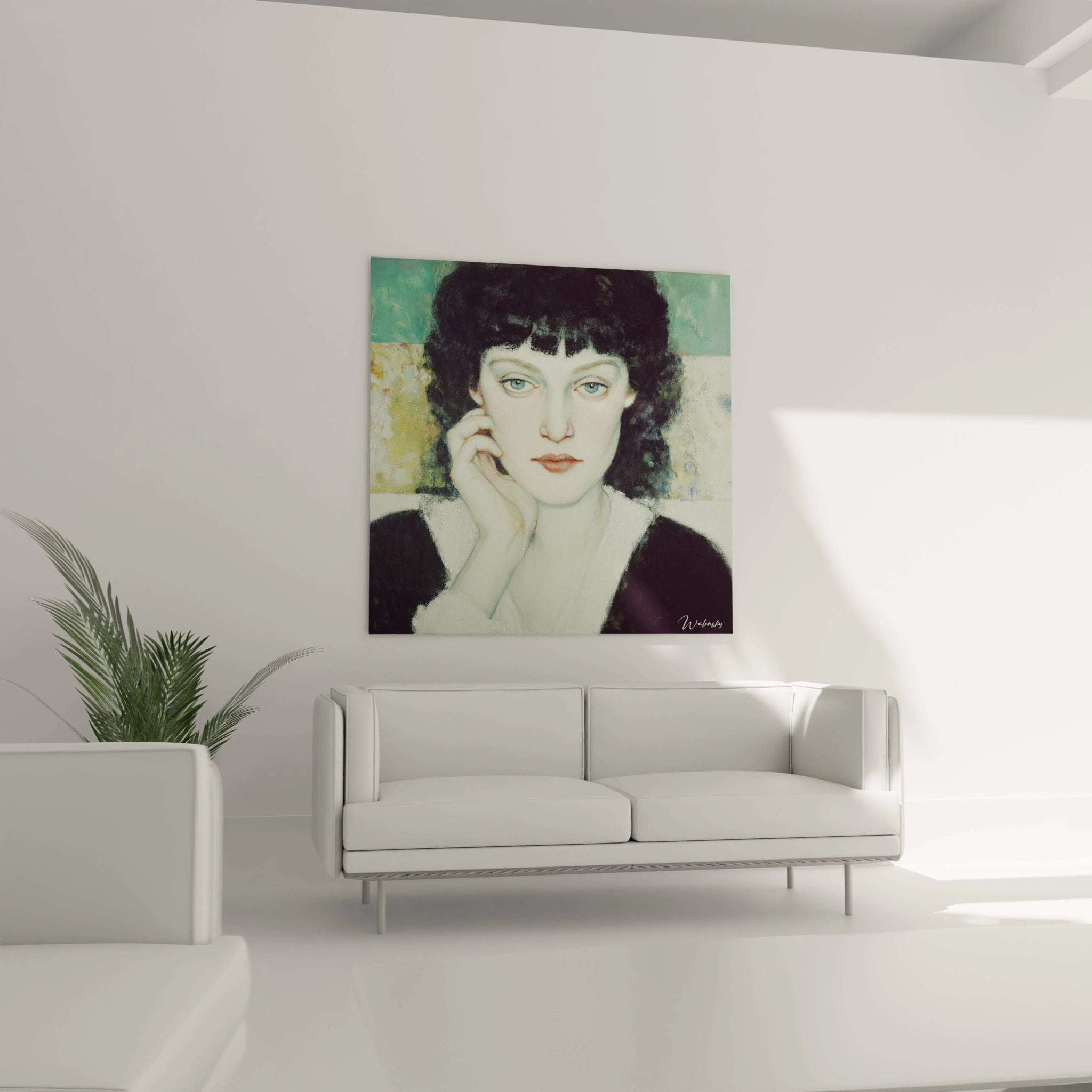 Tableau mural Walensky representant un portrait feminin aux cheveux noirs sur fond vert tableau portrait symboliste pour salon