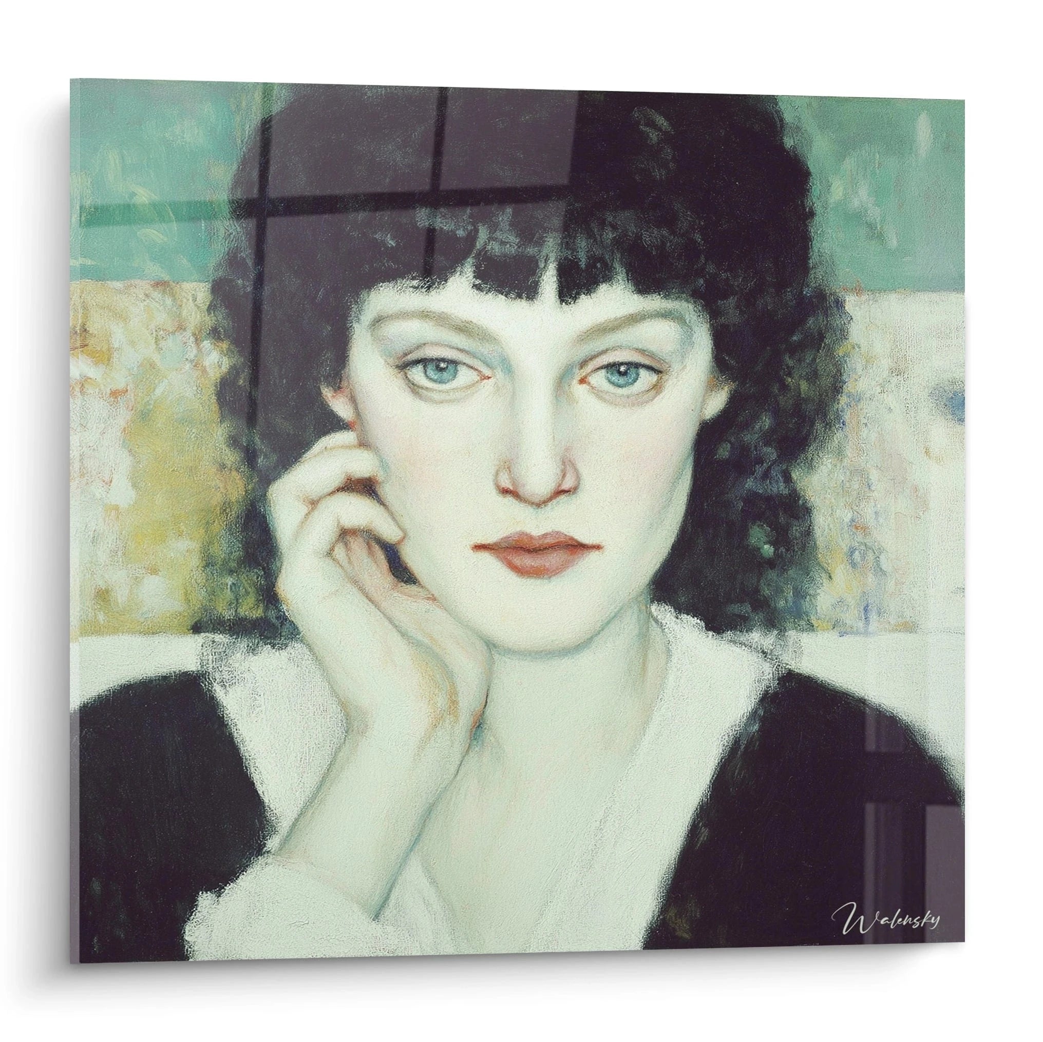 tableau portrait symboliste Walensky portrait féminin aux yeux bleus main sur la joue fond vert et tons pastels