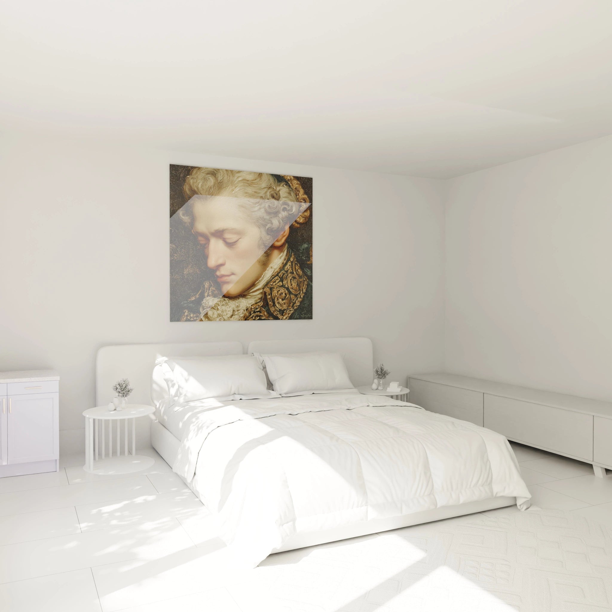tableau portrait Louis XVI mural Walensky accroché au dessus d un lit blanc dans chambre minimaliste