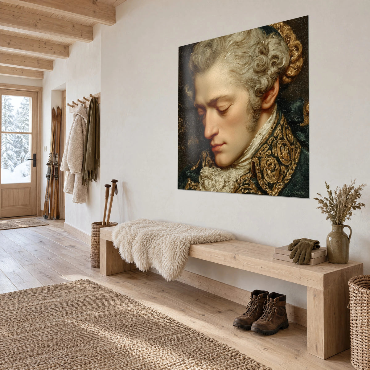 Cuadro perfil soñador de un caballero con peluca gris, chorrera de marfil y bordados dorados sobre fondo marrón, entrada de madera clara