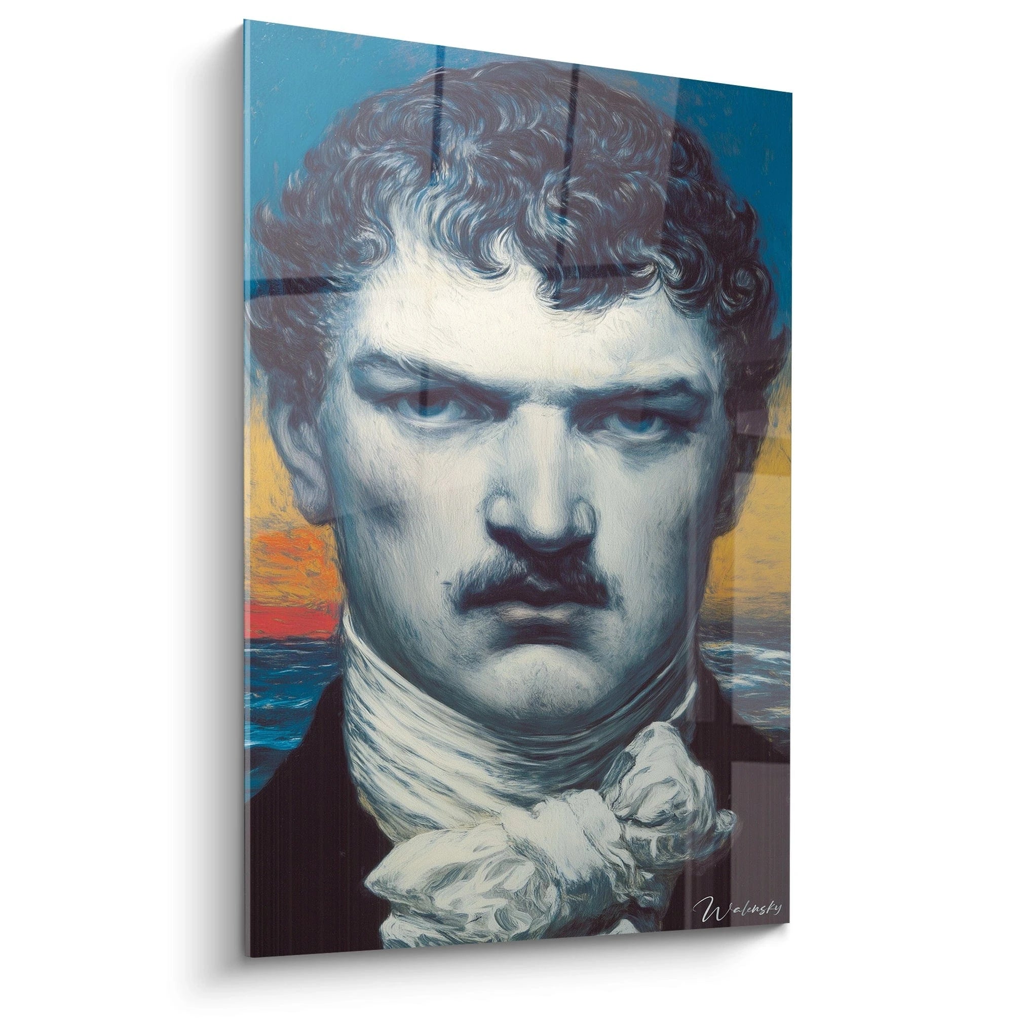 tableau portrait préraphaélite Walensky représentant un homme au jabot avec mer et coucher de soleil