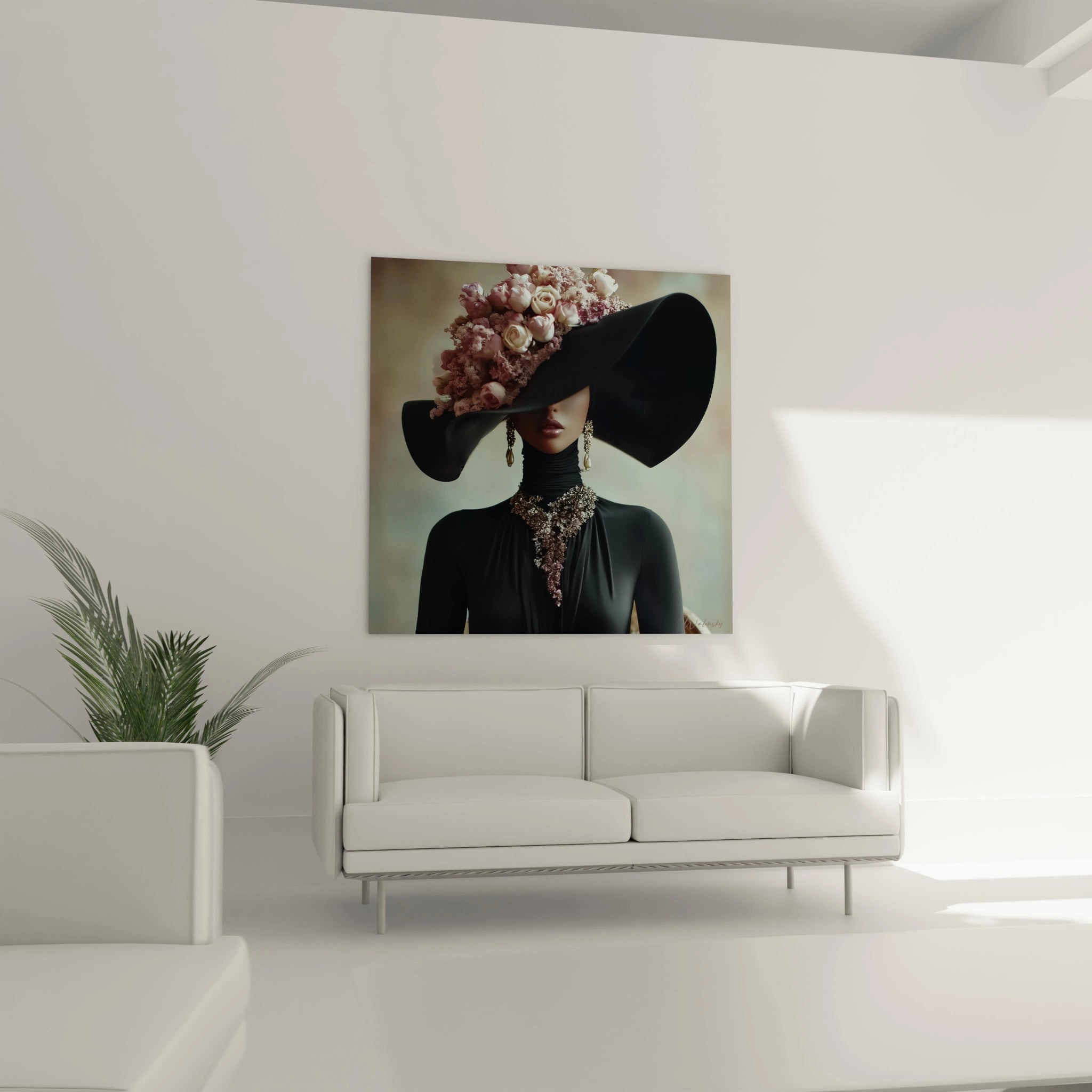 Tableau mural portrait haute couture avec femme portant un grand chapeau et décoration florale