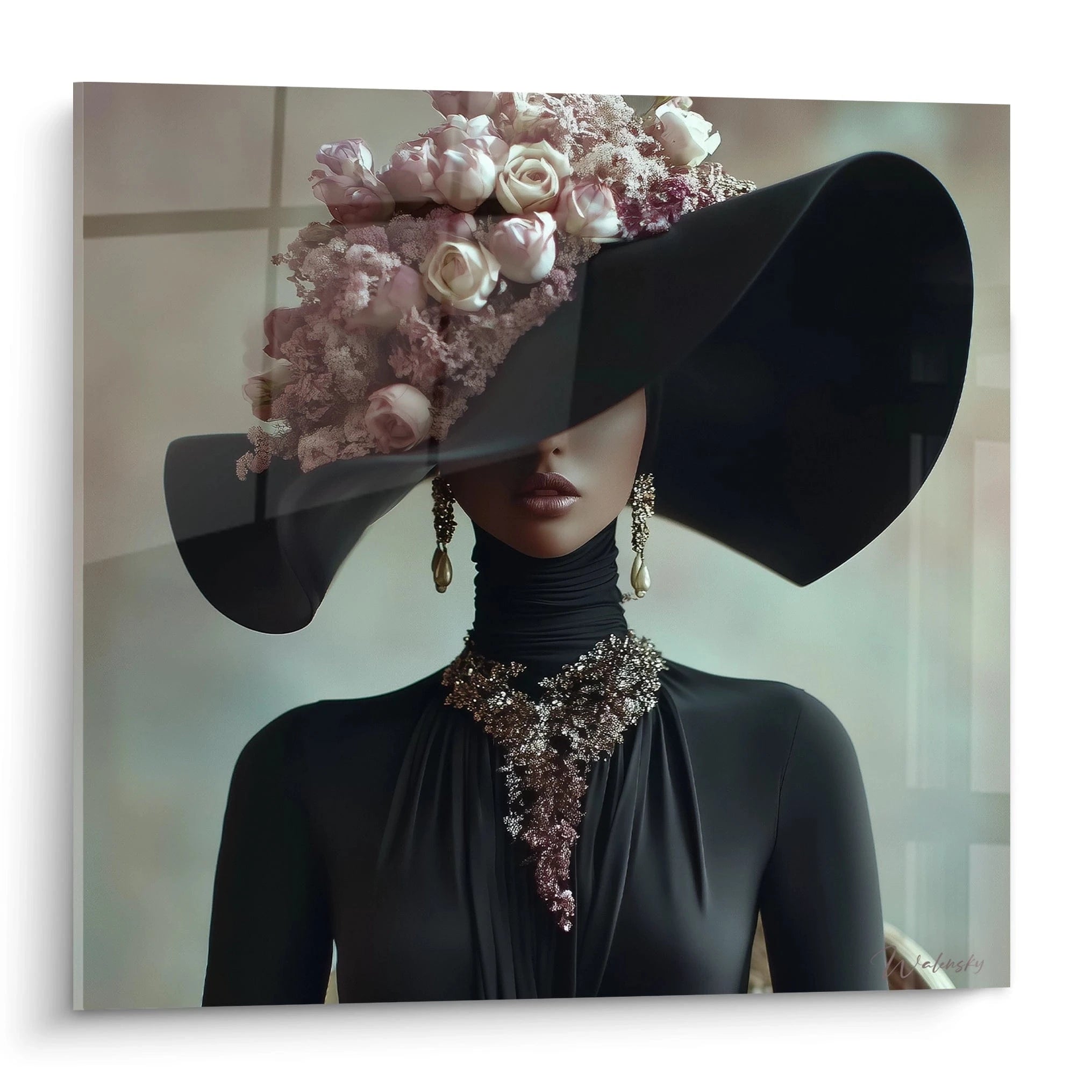 Tableau portrait haute couture représentant une mannequin avec un chapeau large et des fleurs élégantes