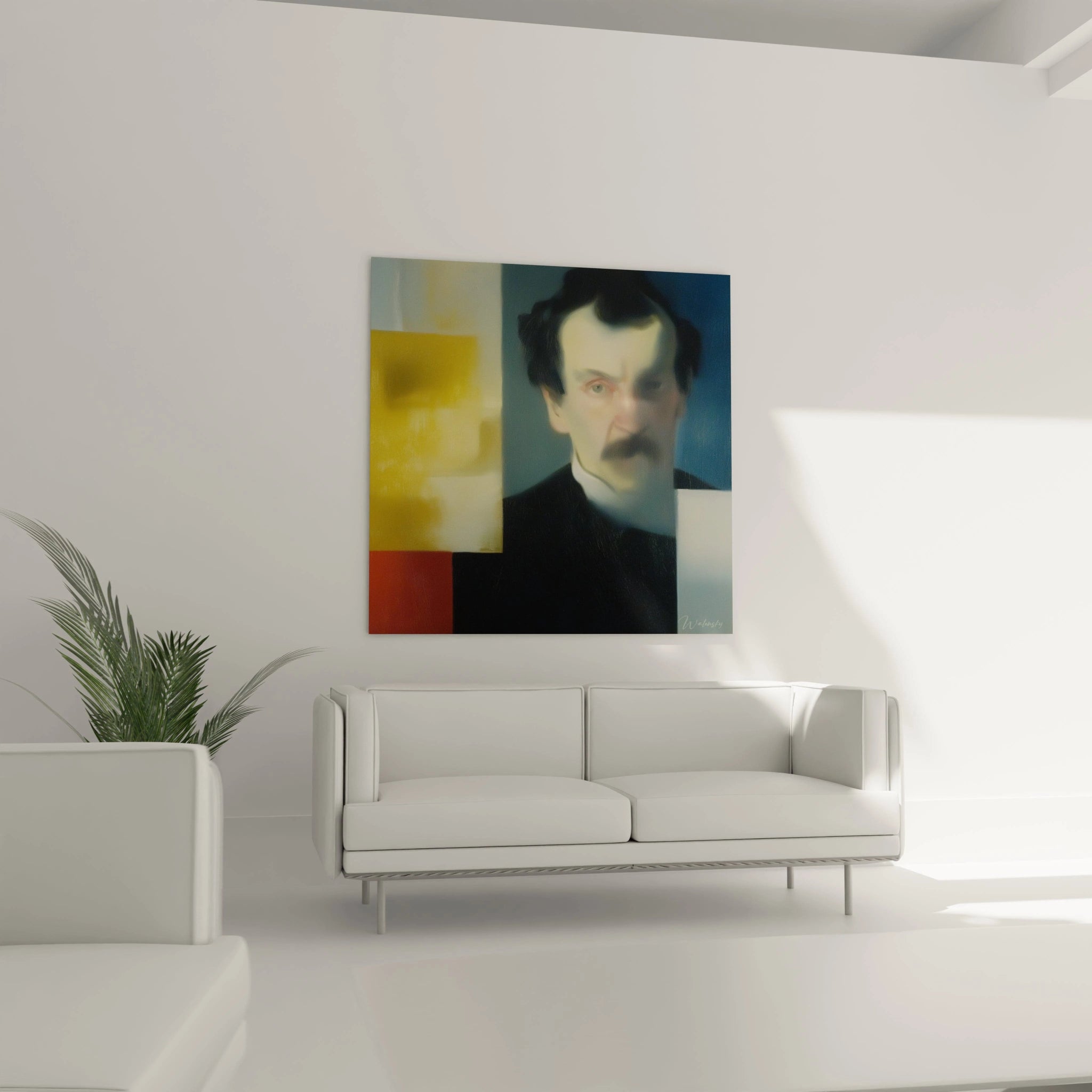 tableau portrait flou dadaïsme Walensky accroché au dessus d un canapé blanc dans un salon minimaliste