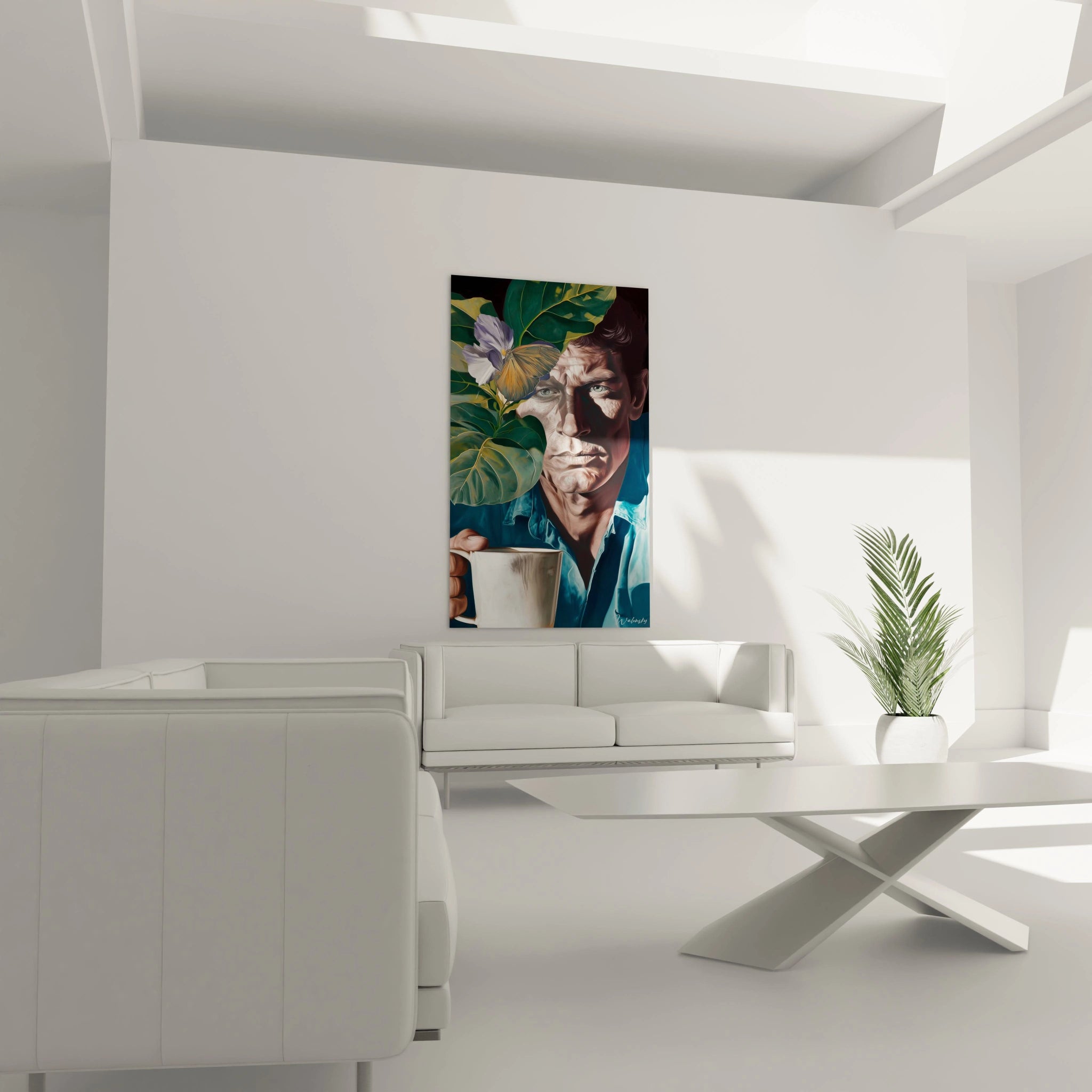 Tableau mural Walensky représentant un homme au mug entre feuilles tropicales tableau portrait hyperréalisme