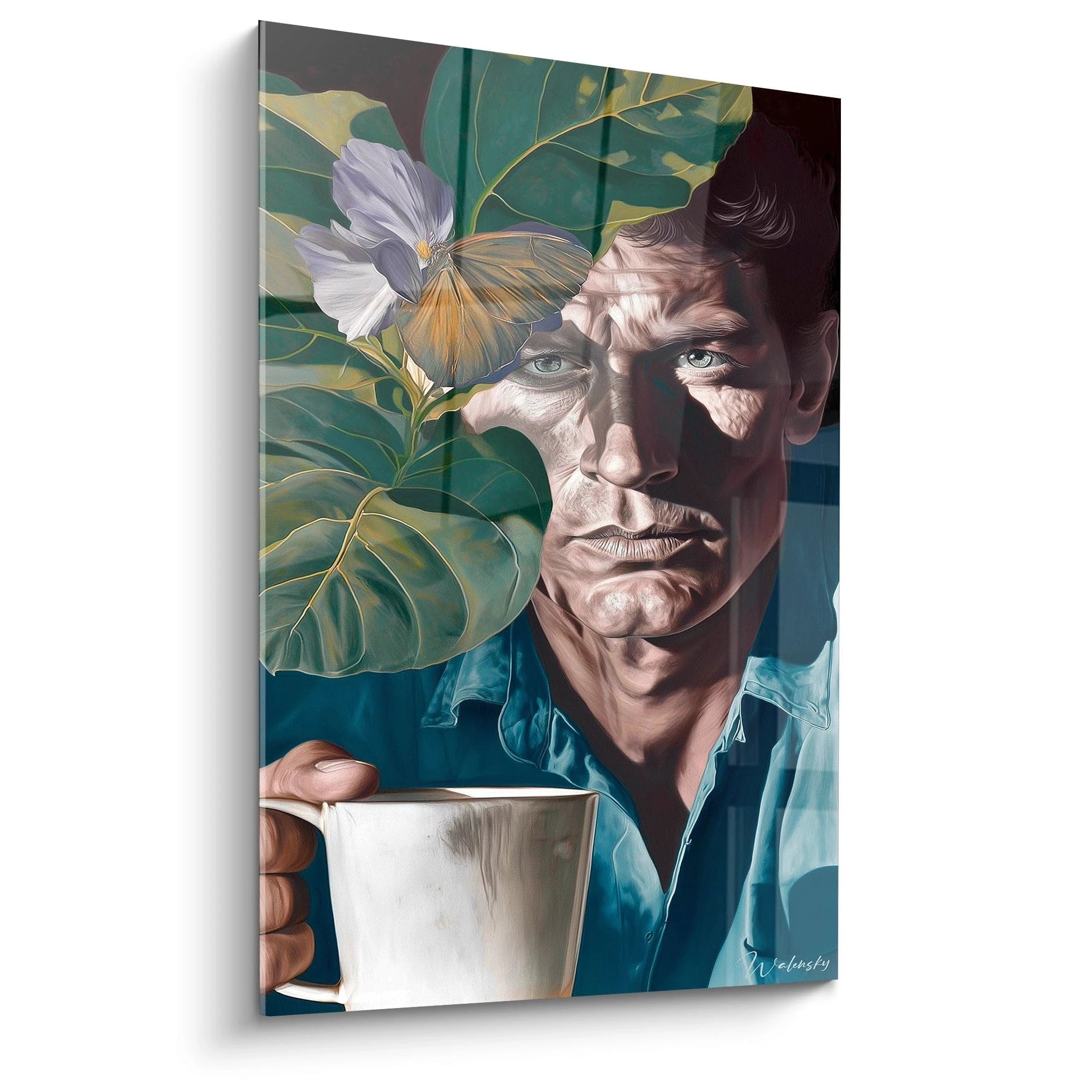 tableau portrait hyperréalisme Walensky d'un homme tenant une tasse, visage détaillé, feuilles et papillon