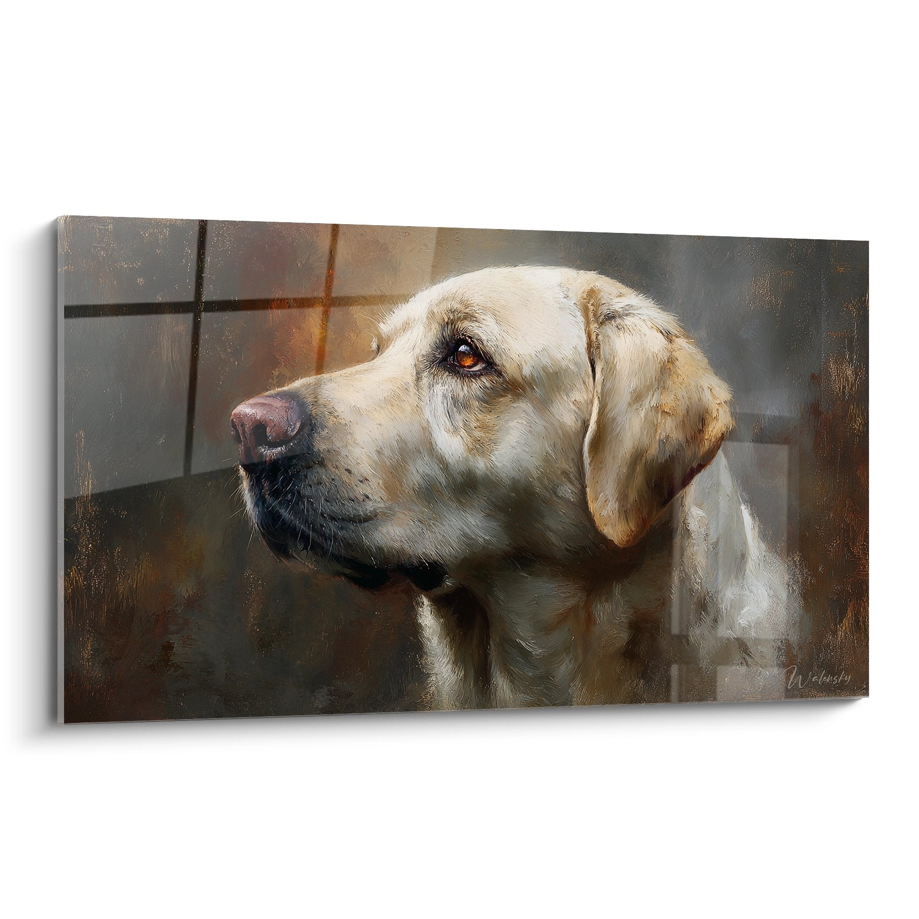 Realistic portrait of beige Labrador with expressive gaze on neutral background - animal art painting
