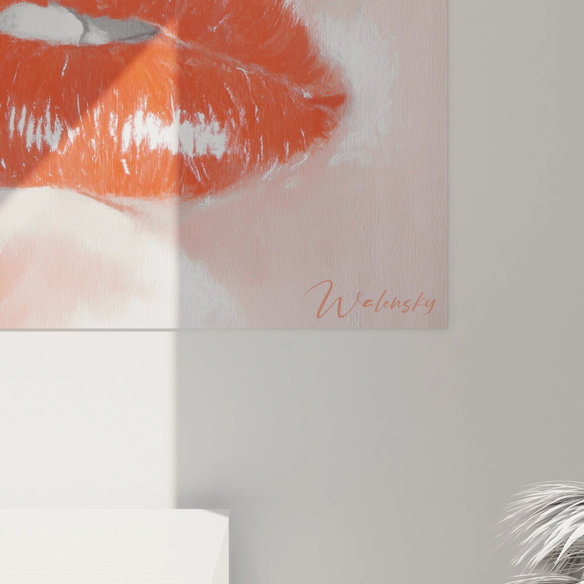 Walensky tableau portrait hyperréaliste gros plan sur lèvres rouges texturées peinture sur toile murale moderne