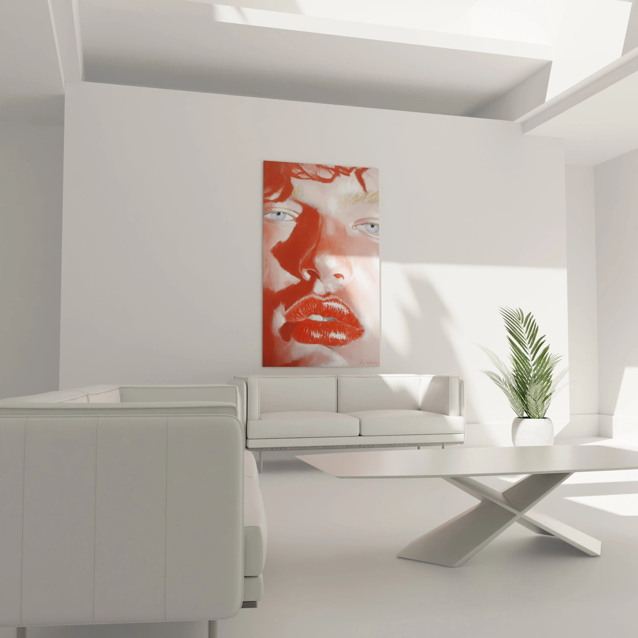 tableau portrait hyperréaliste Walensky accroché dans un salon minimaliste blanc avec canapé table basse et plante
