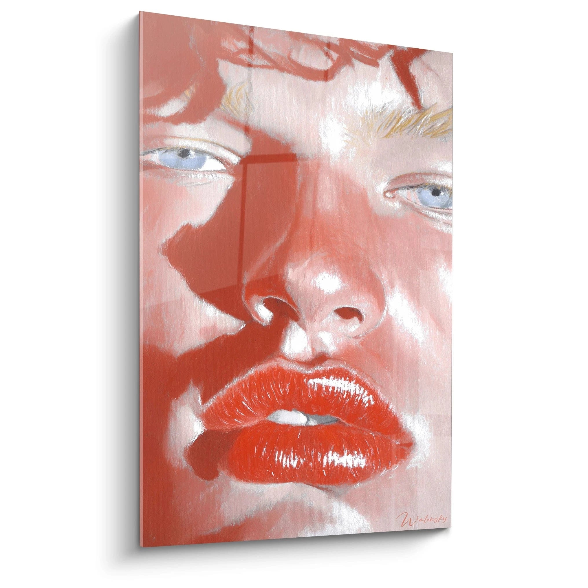 Walensky tableau portrait hyperréaliste grand format gros plan visage aux lèvres rouges brillantes et yeux bleus