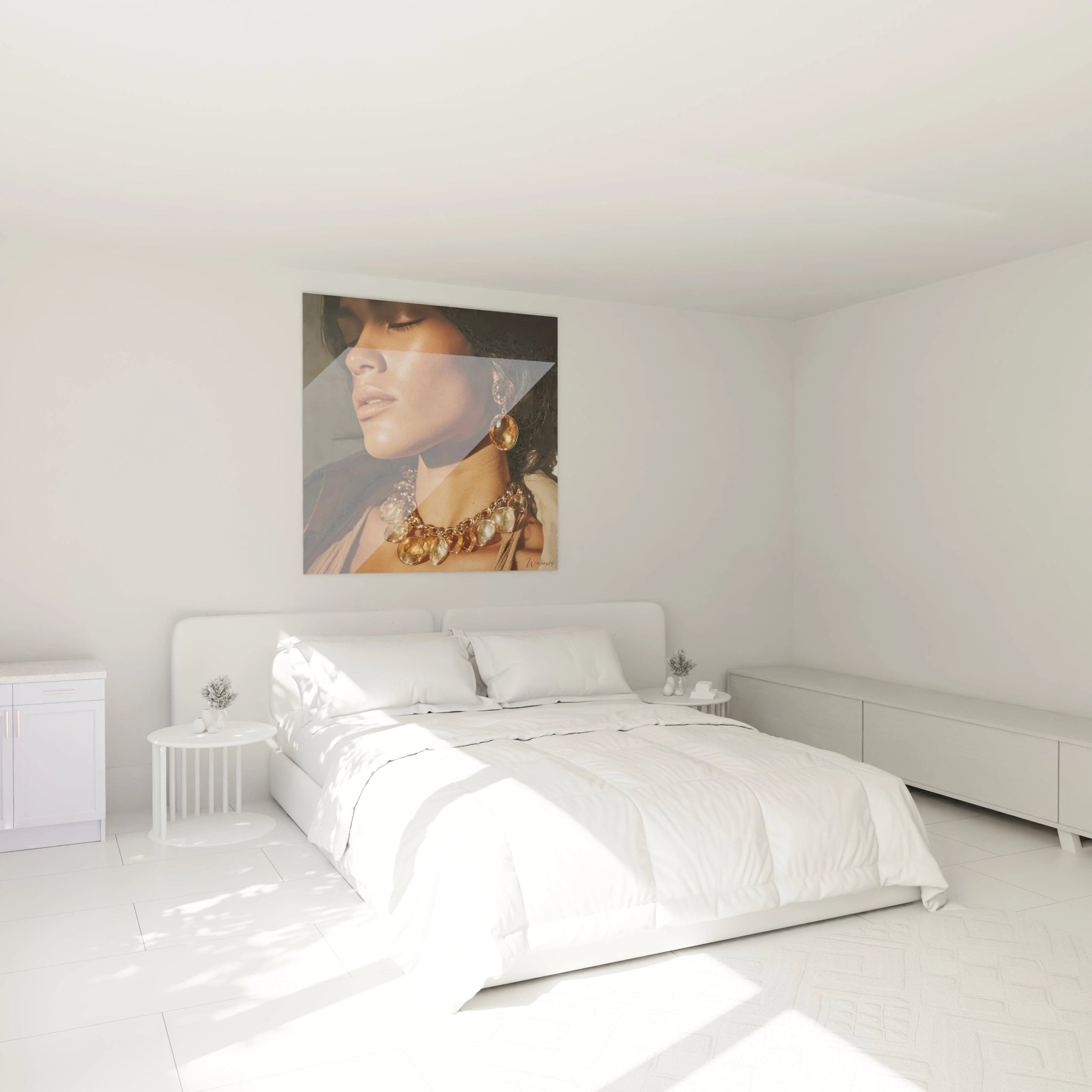 Tableau portrait luxe femme de Walensky décorant une chambre moderne avec lit blanc