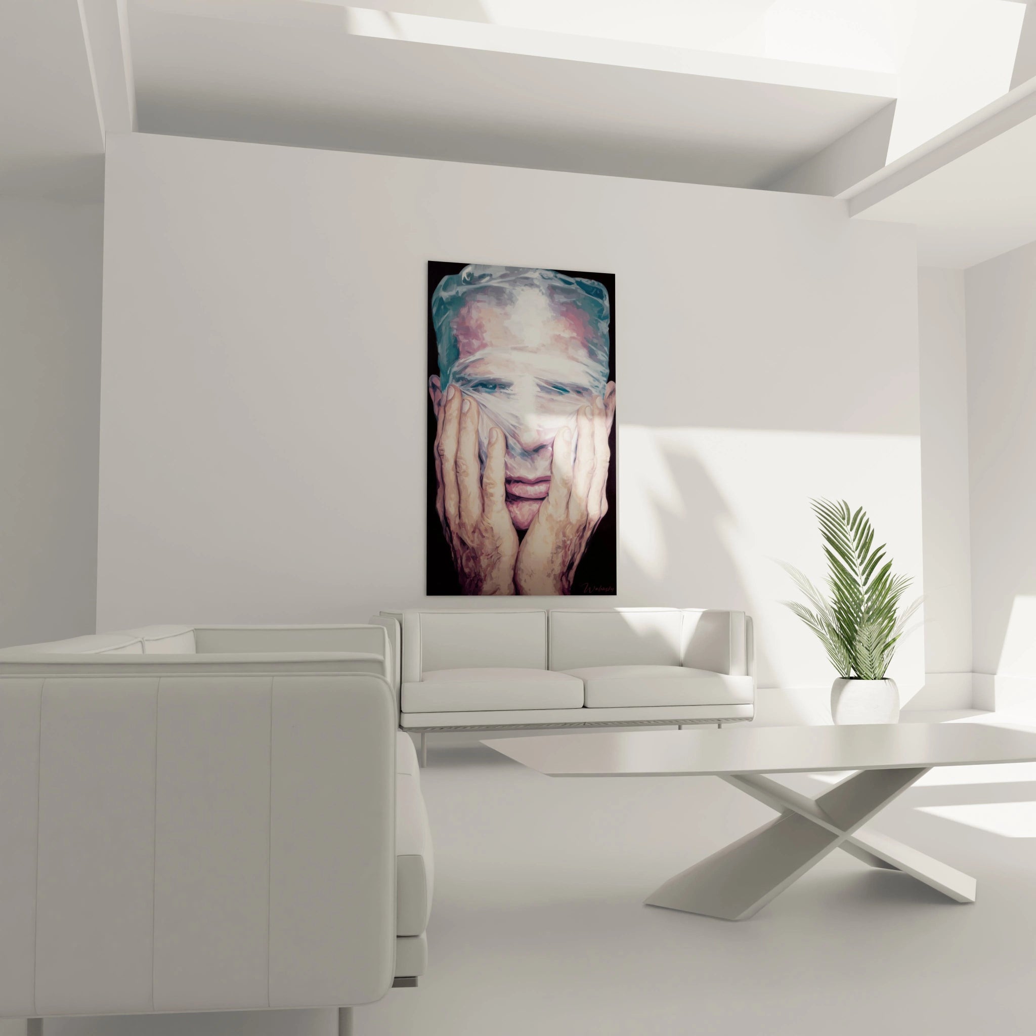 tableau portrait hyperréaliste Walensky accroché au mur dans un salon minimaliste blanc au dessus du canapé