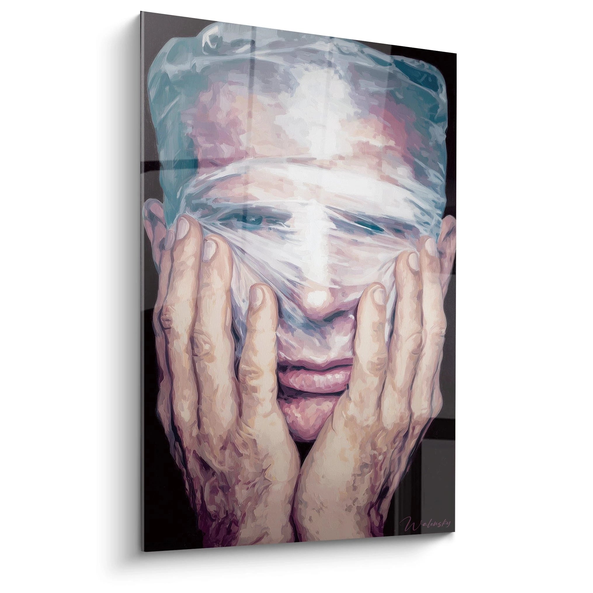 Tableau mural Walensky tableau portrait hyperréaliste d'un homme aux yeux enveloppés de film plastique et mains sur le visage