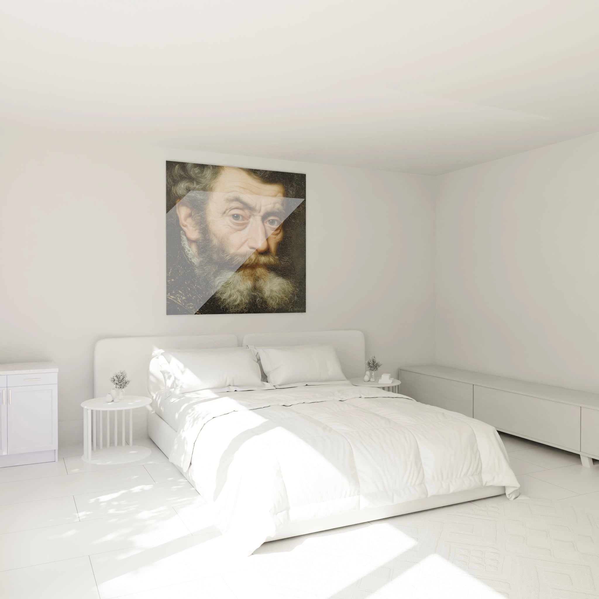 tableau portrait maître intemporel Walensky tableau mural au dessus d un lit dans une chambre blanche minimaliste