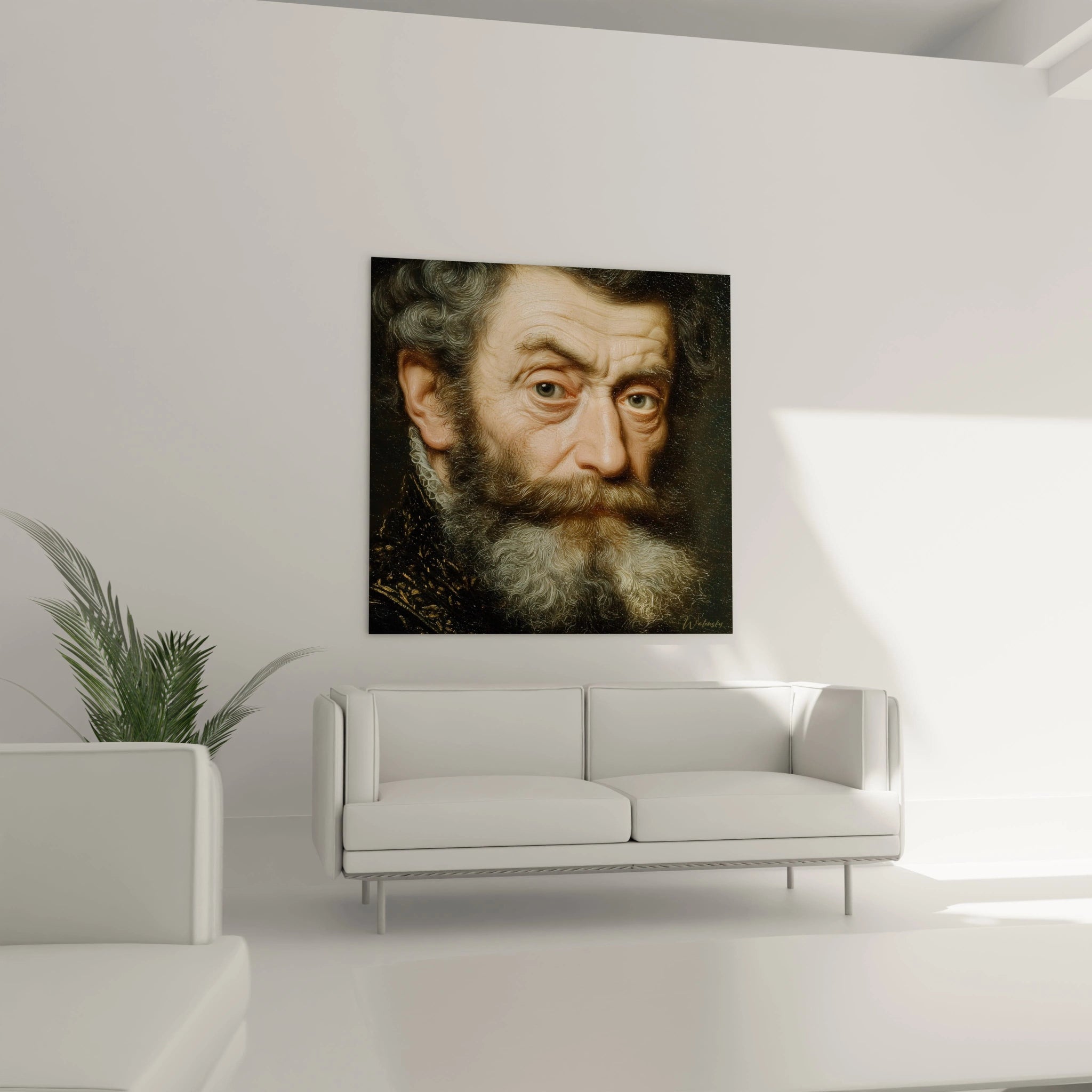 Tableau mural Walensky montrant un tableau portrait maître intemporel classique d un homme barbu accroche au dessus du canapé