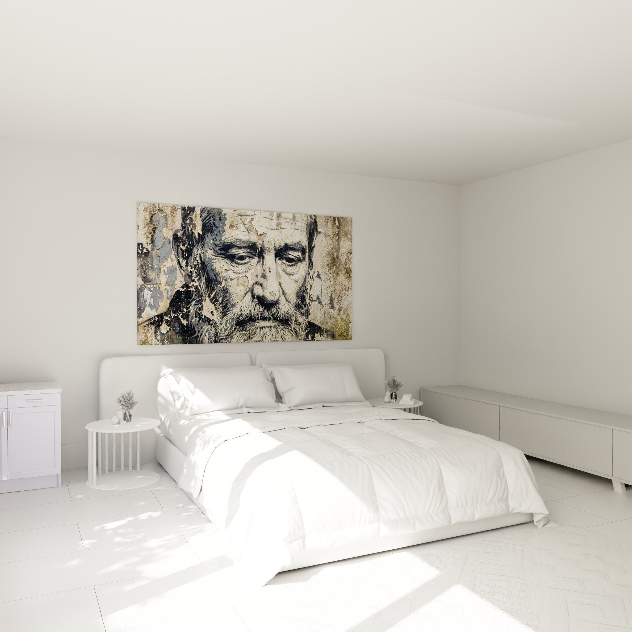 Tableau portrait masculin barbu beige gris dans chambre moderne, decoration murale street art pochoir authentique