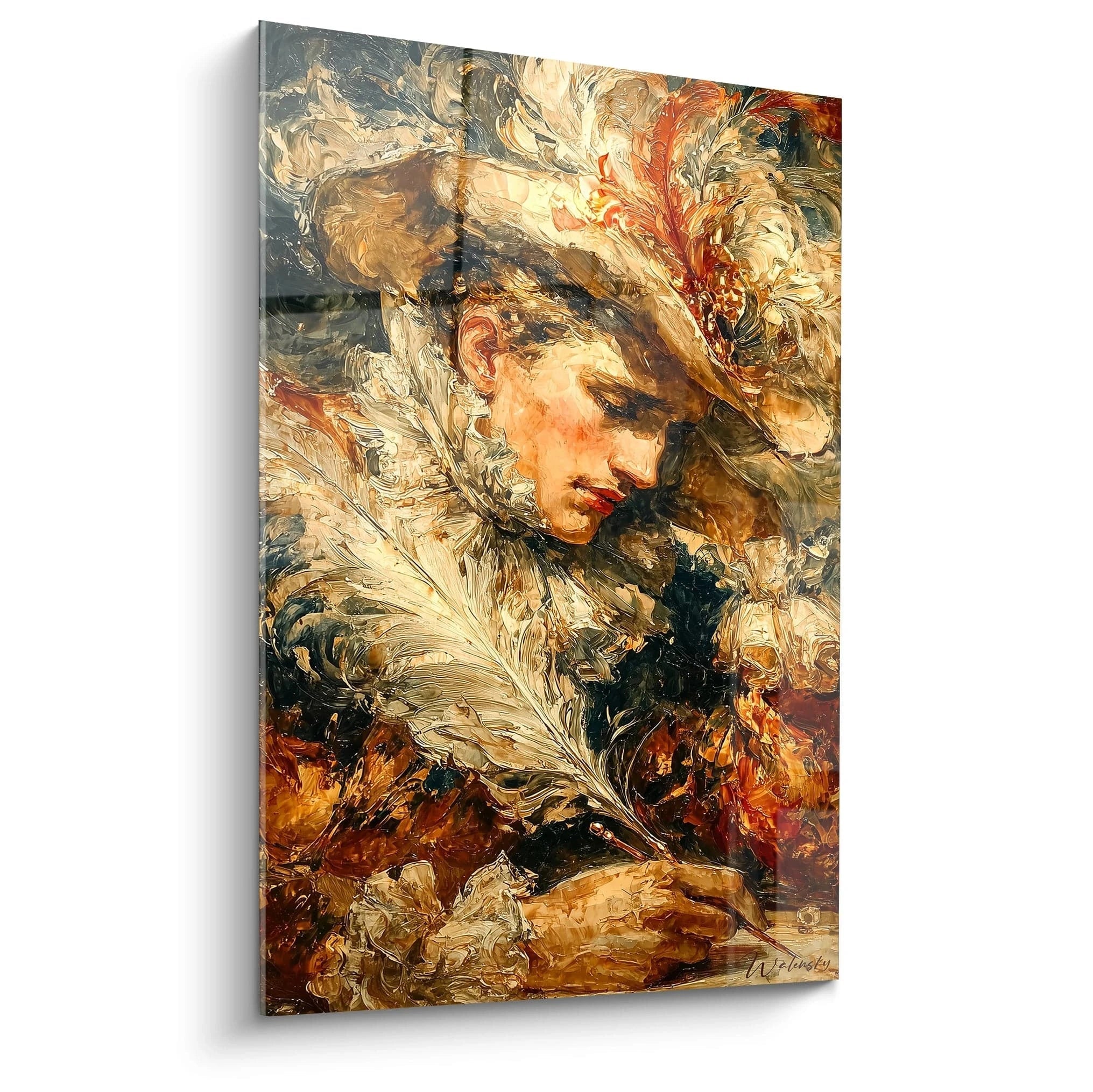 Tableau mural Walensky reproduisant un tableau portrait masculin renaissance au chapeau orné de plumes et textures picturales