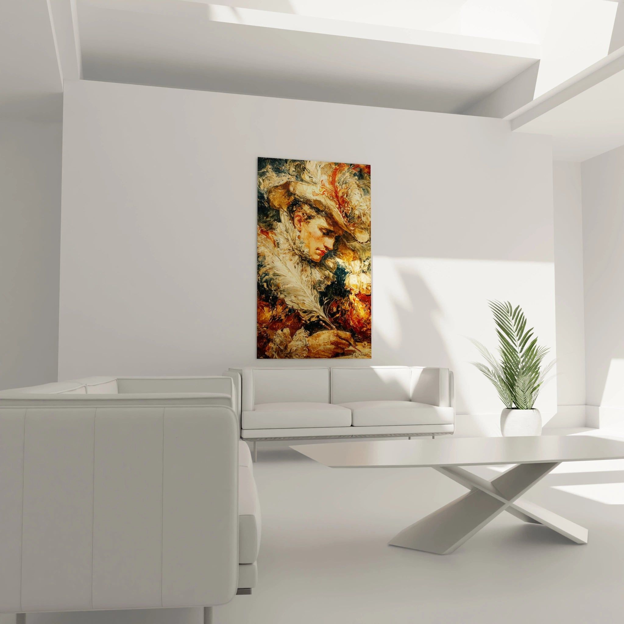 Walensky tableau portrait masculin renaissance mural au dessus d un canapé blanc dans un salon minimaliste