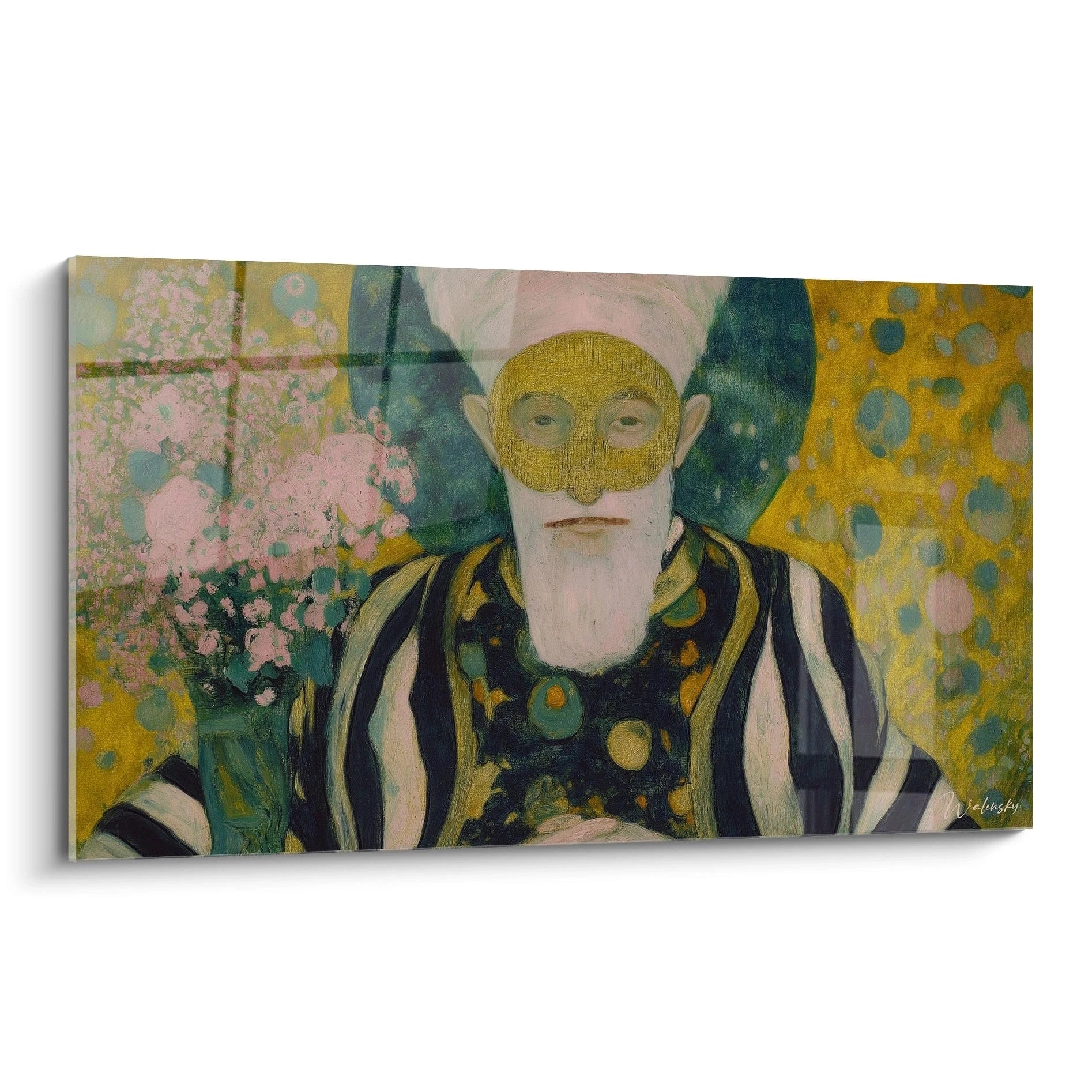 Tableau mural representant un homme barbu au masque dore et robe rayee avec fleurs fond dore tableau symboliste masque divin