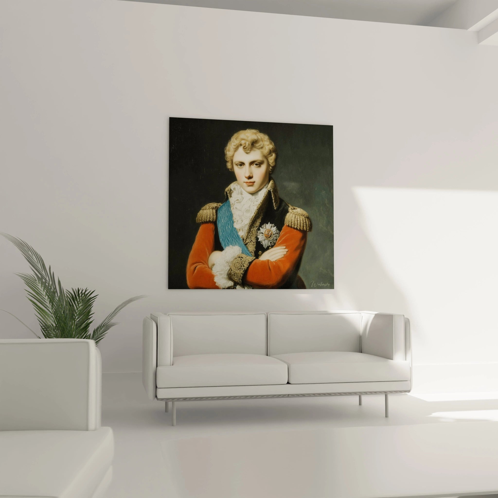 tableau portrait militaire néo classique Walensky montrant officier en uniforme bleu et rouge accroché salon moderne