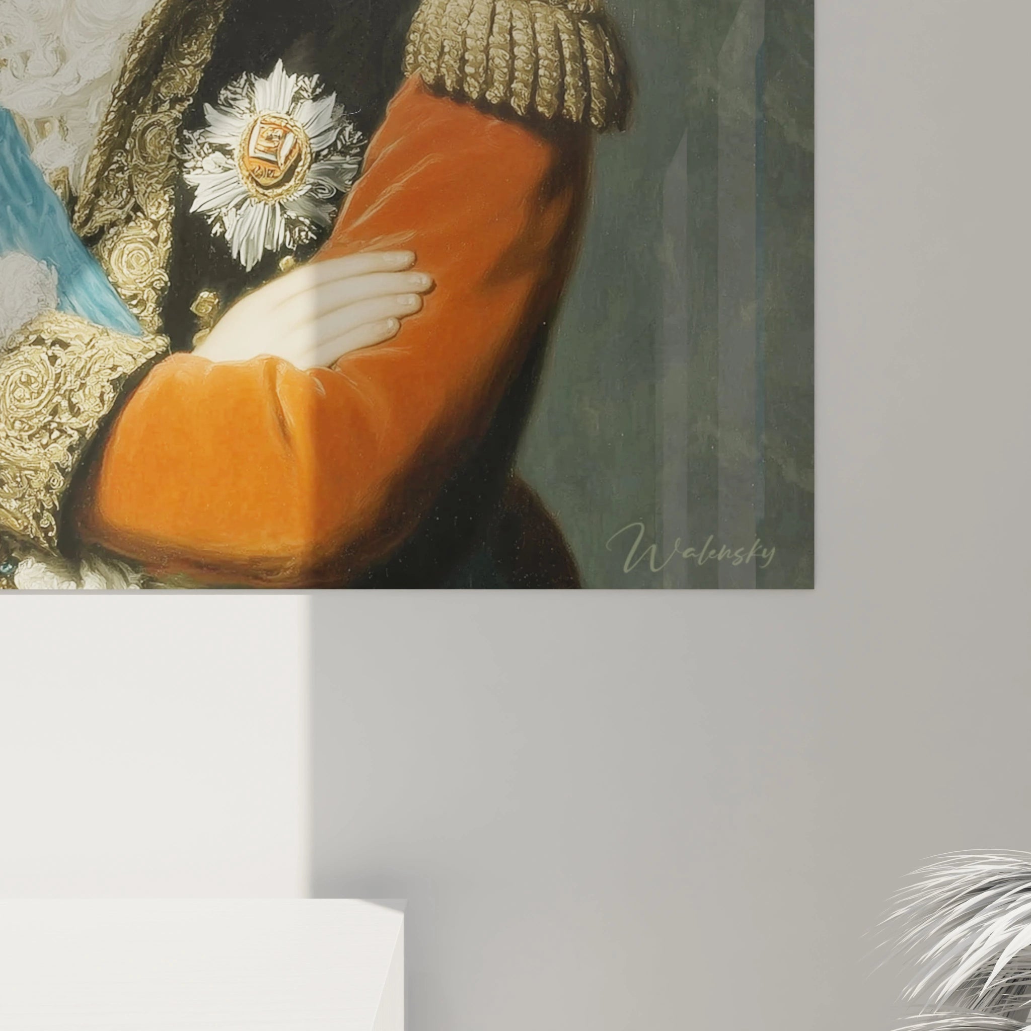 Walensky tableau portrait militaire néo classique mural montrant bras croisés, veste orange et médaillon décoratif