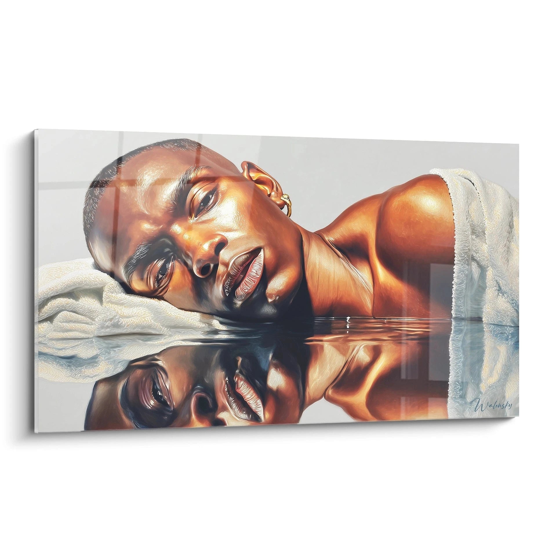 Tableau mural Walensky montrant un portrait allongé sur serviette et son reflet sur l'eau, tableau portrait miroir liquide