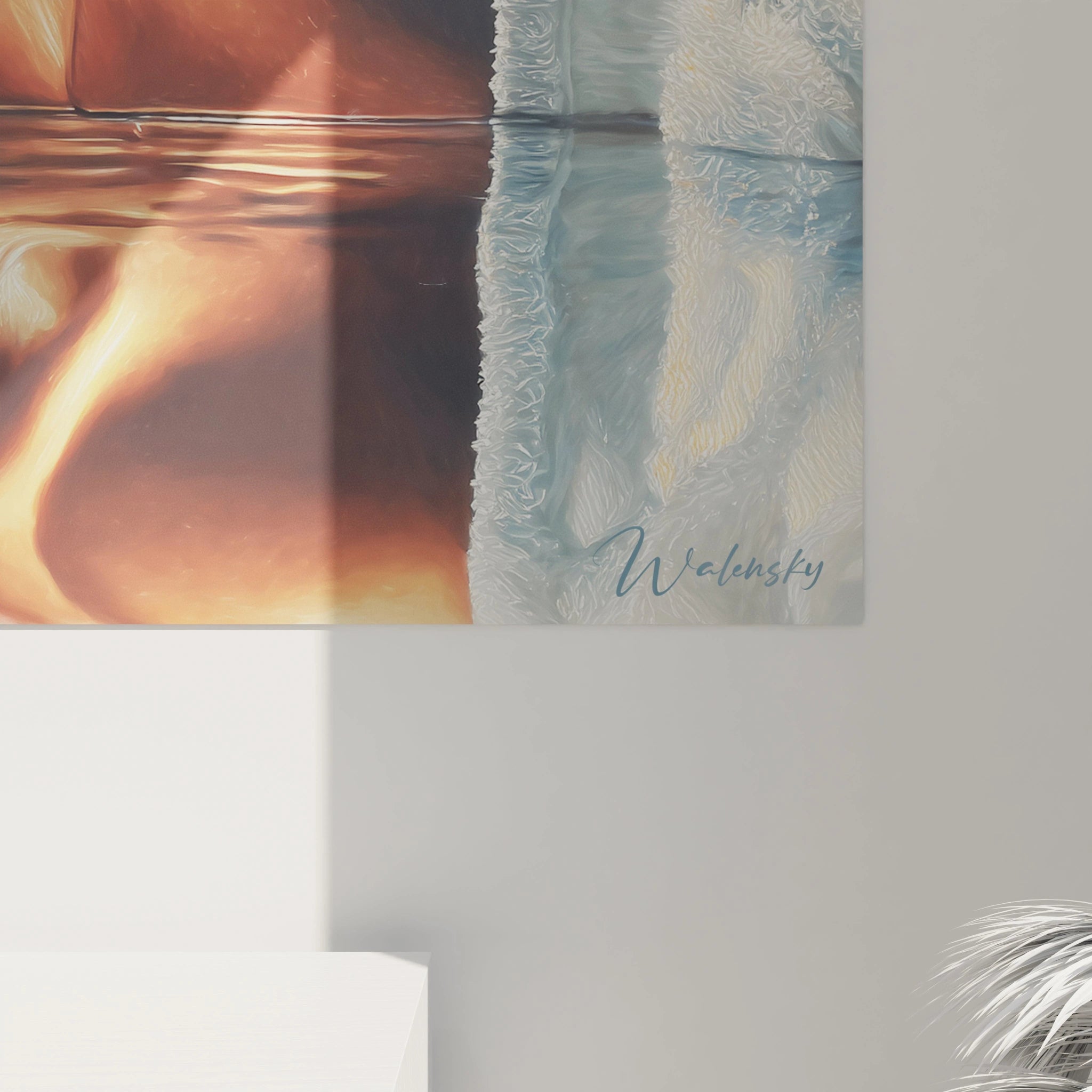 Tableau Walensky visage partiel reflété sur eau avec textures bleues et signature Walensky tableau portrait miroir liquide