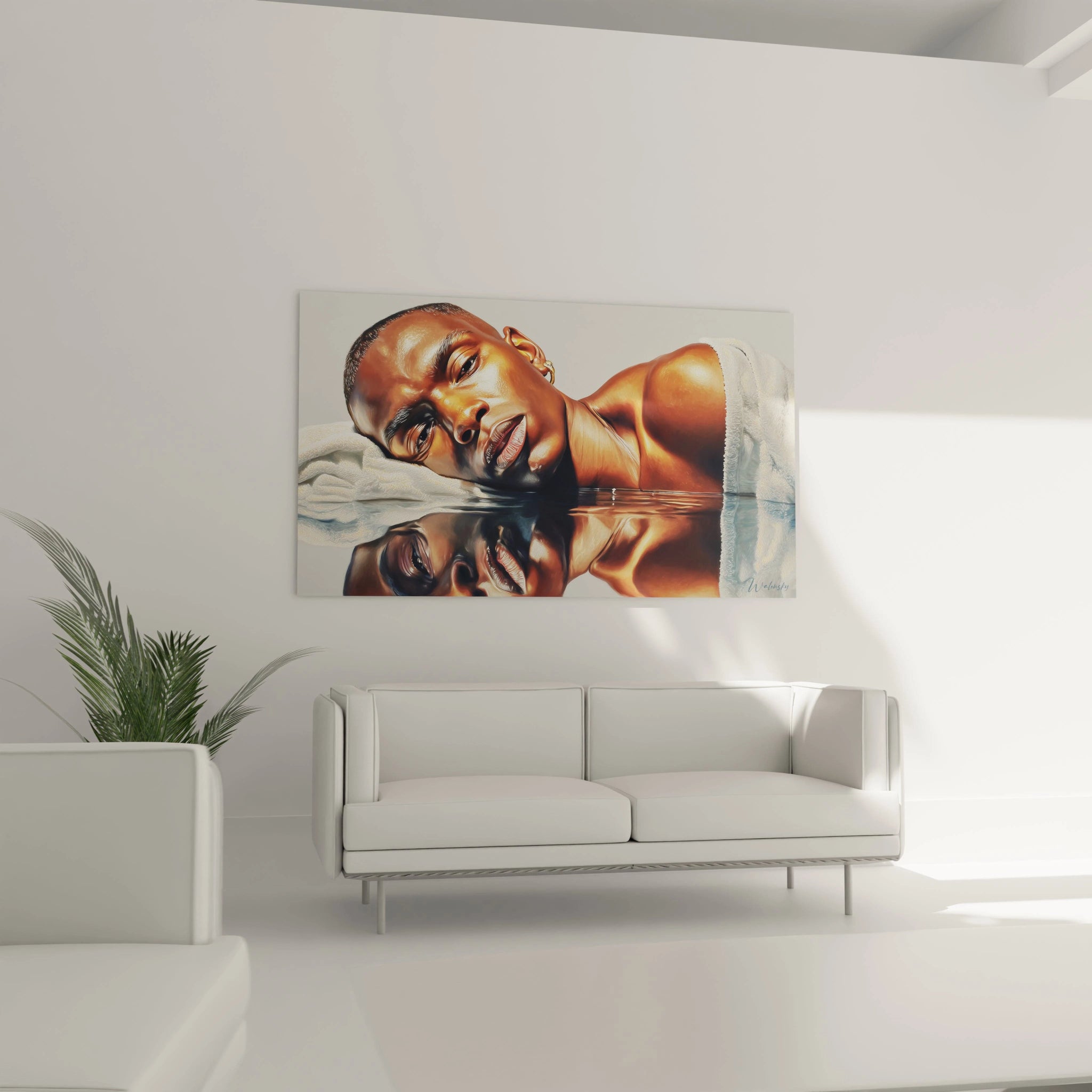 Walensky tableau portrait miroir liquide au dessus d un canapé dans un salon minimaliste portrait réfléchi d homme