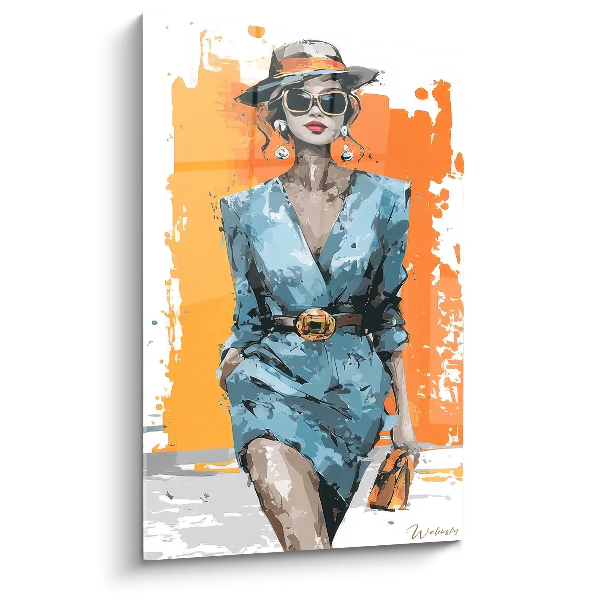 Tableau illustration mode représentant une femme élégante en robe bleu avec un chapeau et des lunettes de soleil