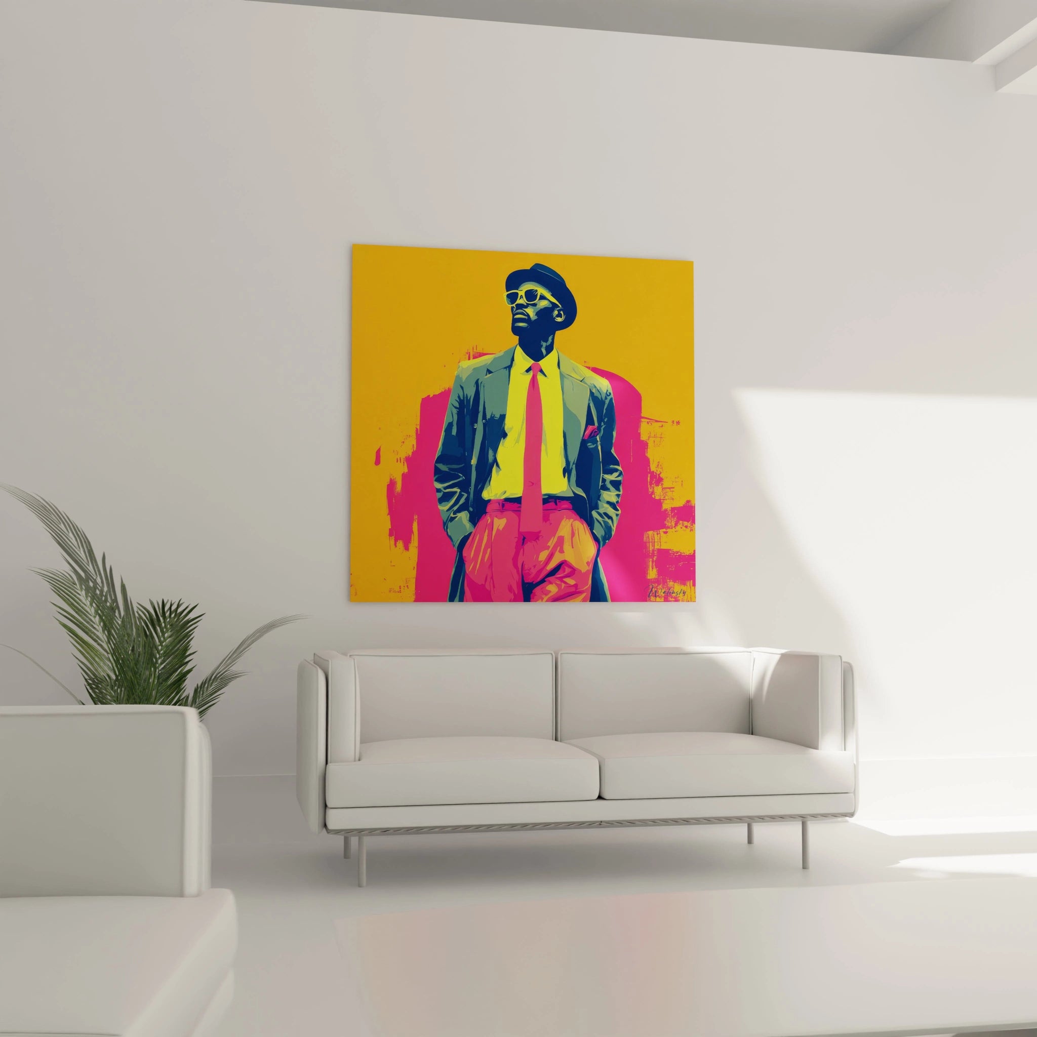 Tableau mural portrait mode afro-américain de style pop art avec arrière-plan coloré et homme élégant